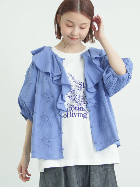 Samansa Mos2「3Dレースフリル襟ブラウス」|シャツ・ブラウス|ブルー