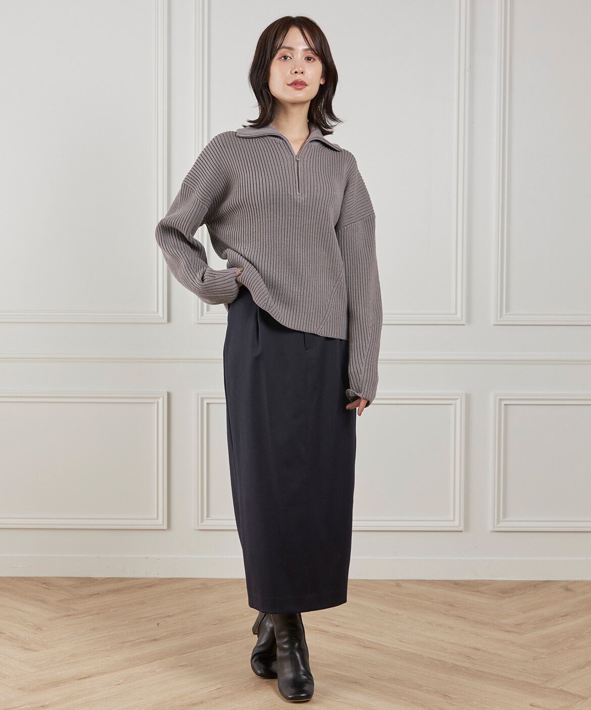 INED「《大きいサイズ》ベルテッドスカート」|タイト|