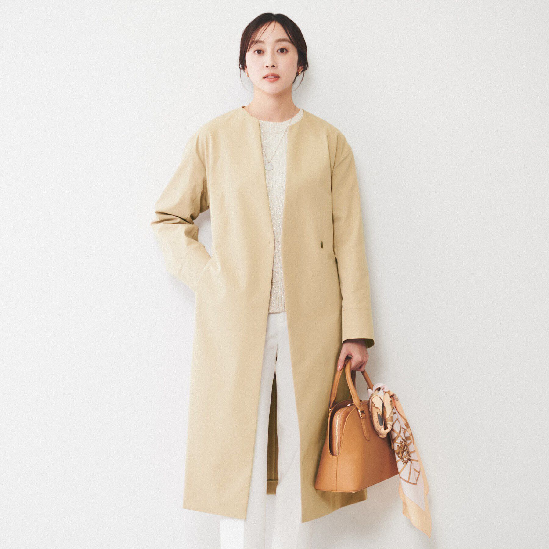 UNTITLED「【撥水】コットンライク ストレッチコート」|ノーカラーコート|ピンクベージュ(05