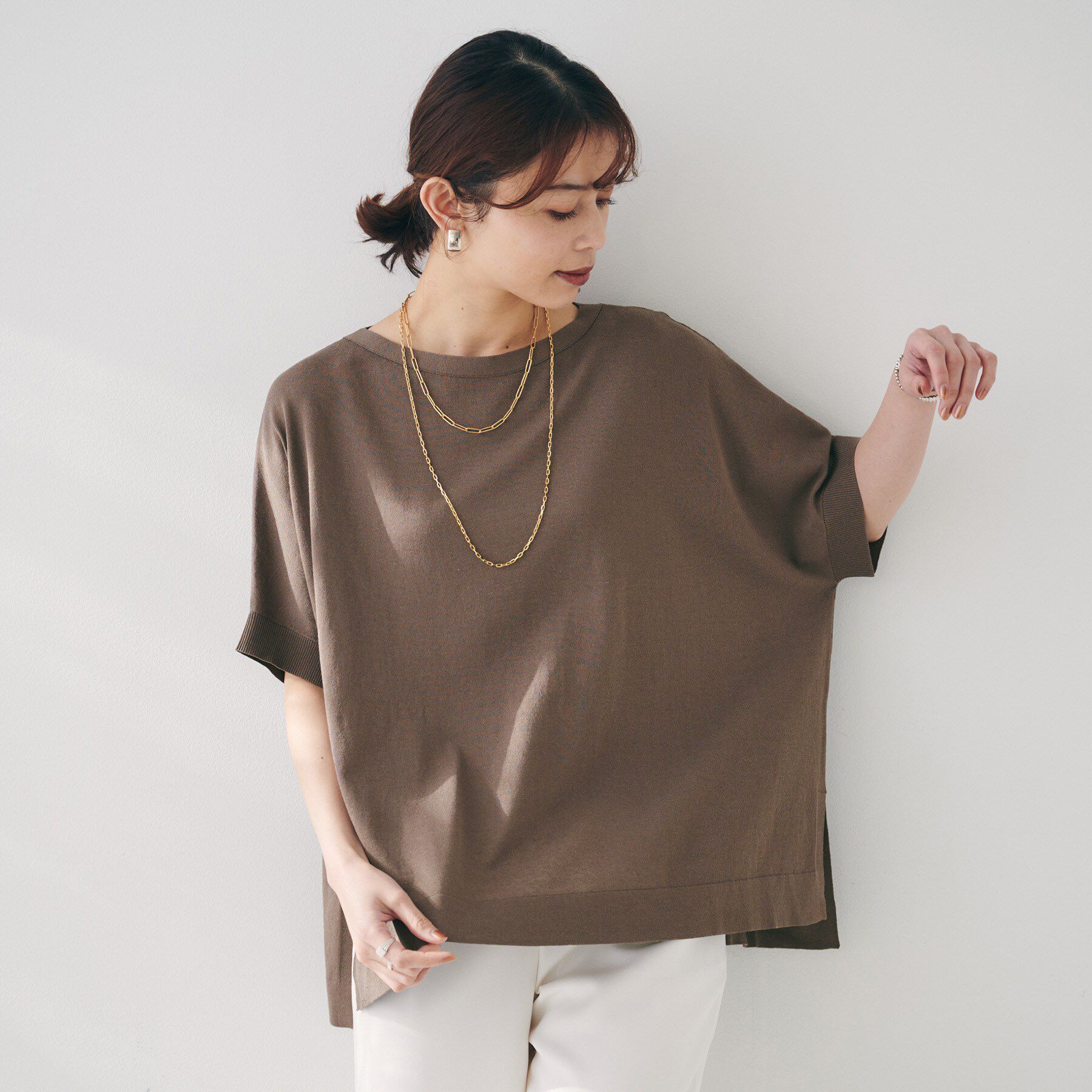 UNTITLED「【体型カバー/手洗い可】コットンリネン ワイドプルオーバーニット」|ニット・セーター|