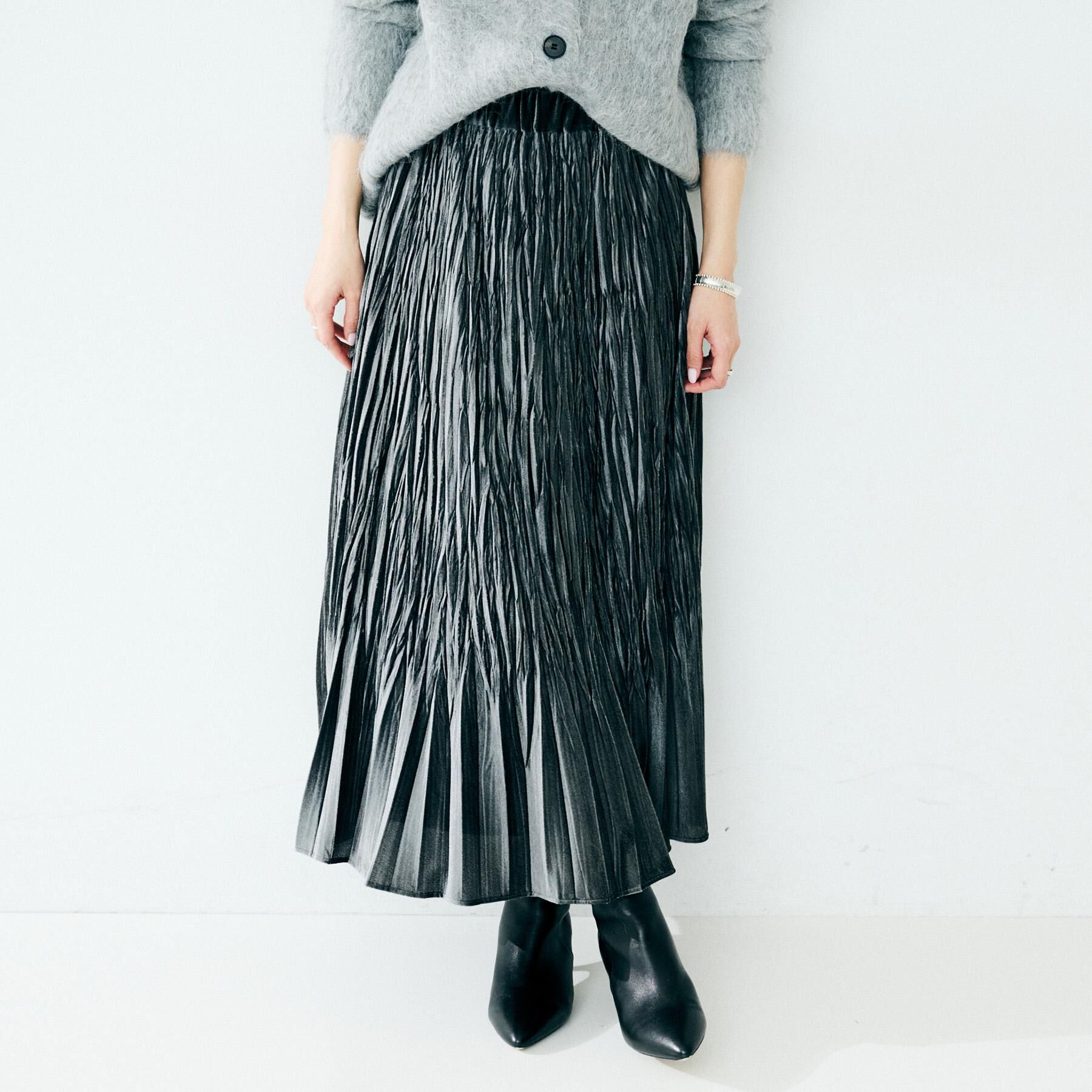 UNTITLED「【ウエストゴム／着映え】ランダムプリーツベロアスカート」|スカート|