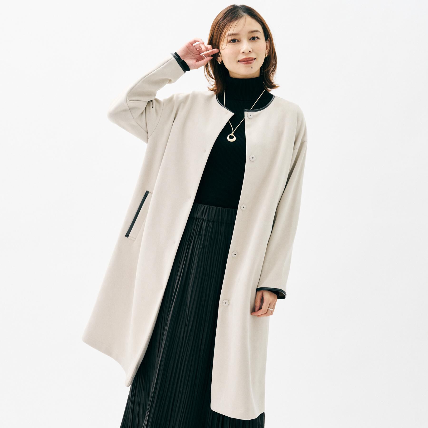 UNTITLED「【洗える/軽羽織り】マシュマロタッチ　スエード調コート」|ノーカラーコート|