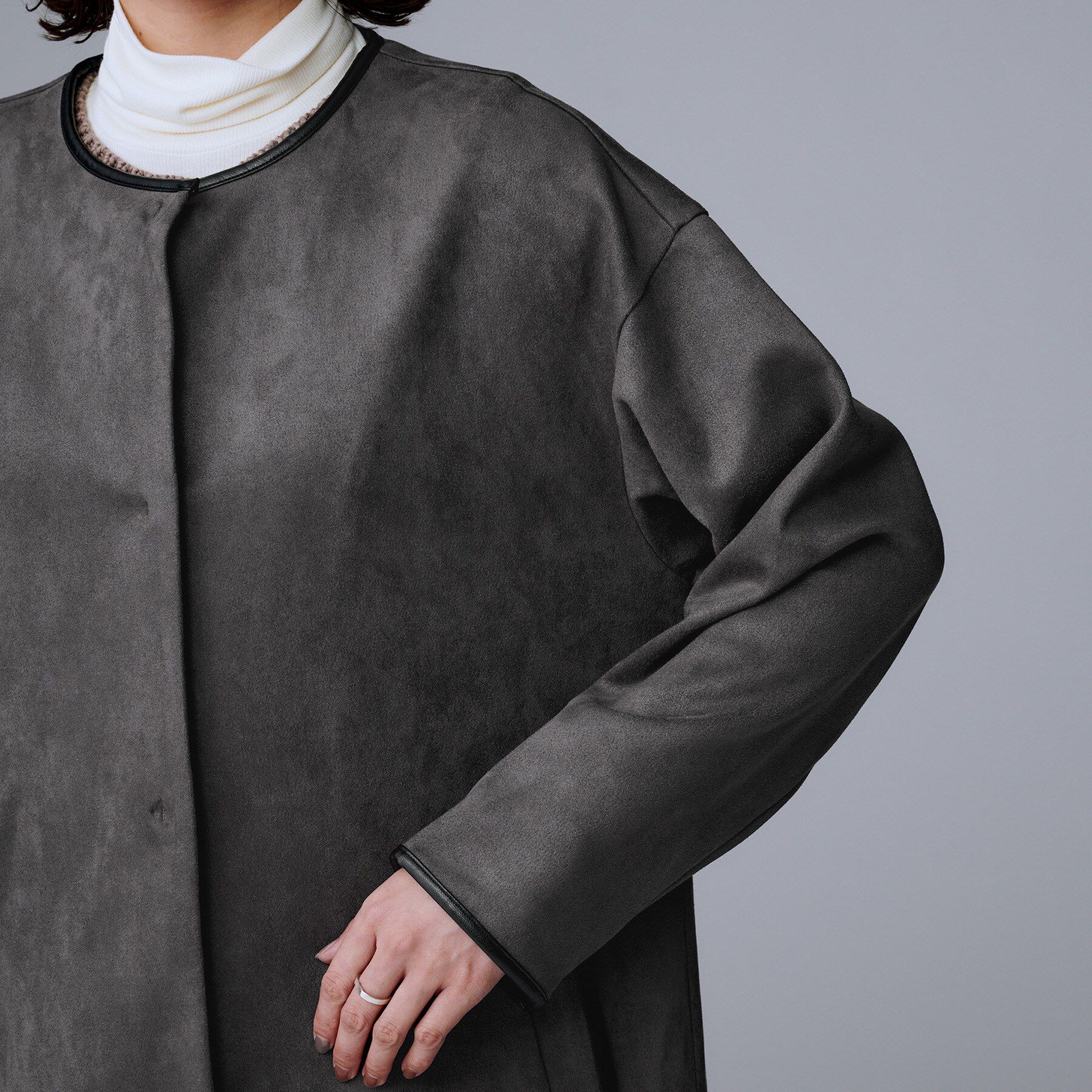 UNTITLED「【洗える/軽羽織り】マシュマロタッチ　スエード調コート」|ノーカラーコート|