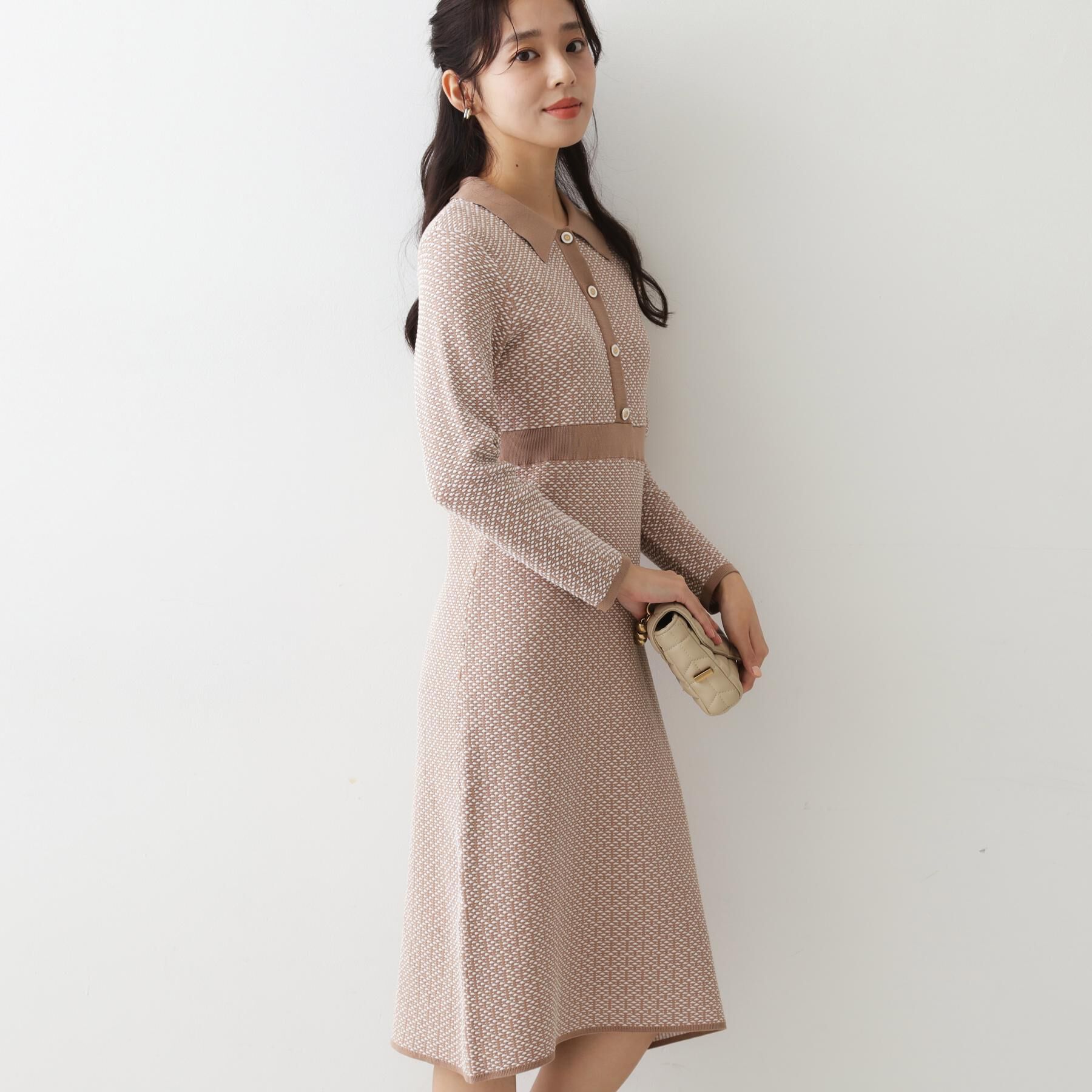 COUP DE CHANCE「【手洗い可】衿付きニットジャカード編みワンピース」|ワンピース|