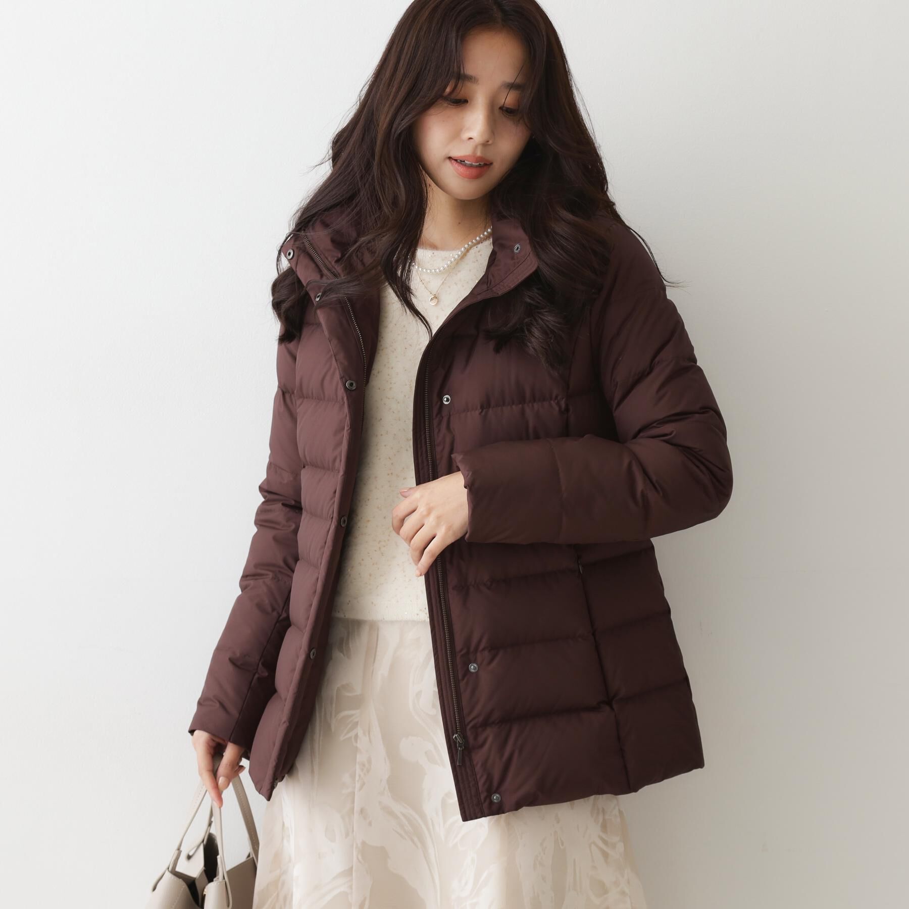 COUP DE CHANCE「【フランス産ホワイトダックダウン／FP800保温性◎／抗菌防臭／手洗い可】ミドル丈ダウンコート」|ダウン|ブラウン(044)