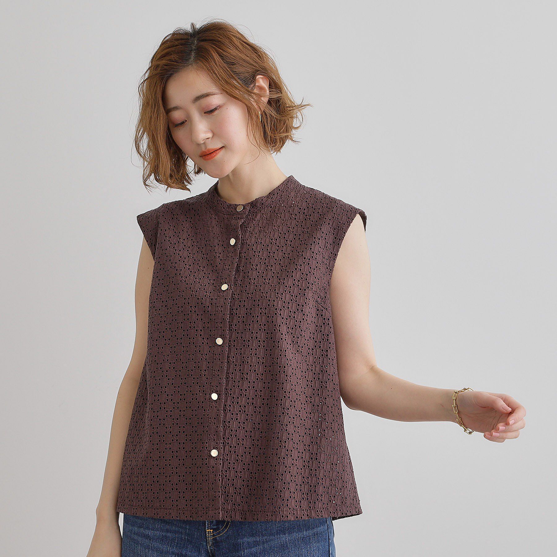 grove「繊細なレースで魅せるエンブロイダリーレースバンドカラーシャツ」|シャツ・ブラウス|