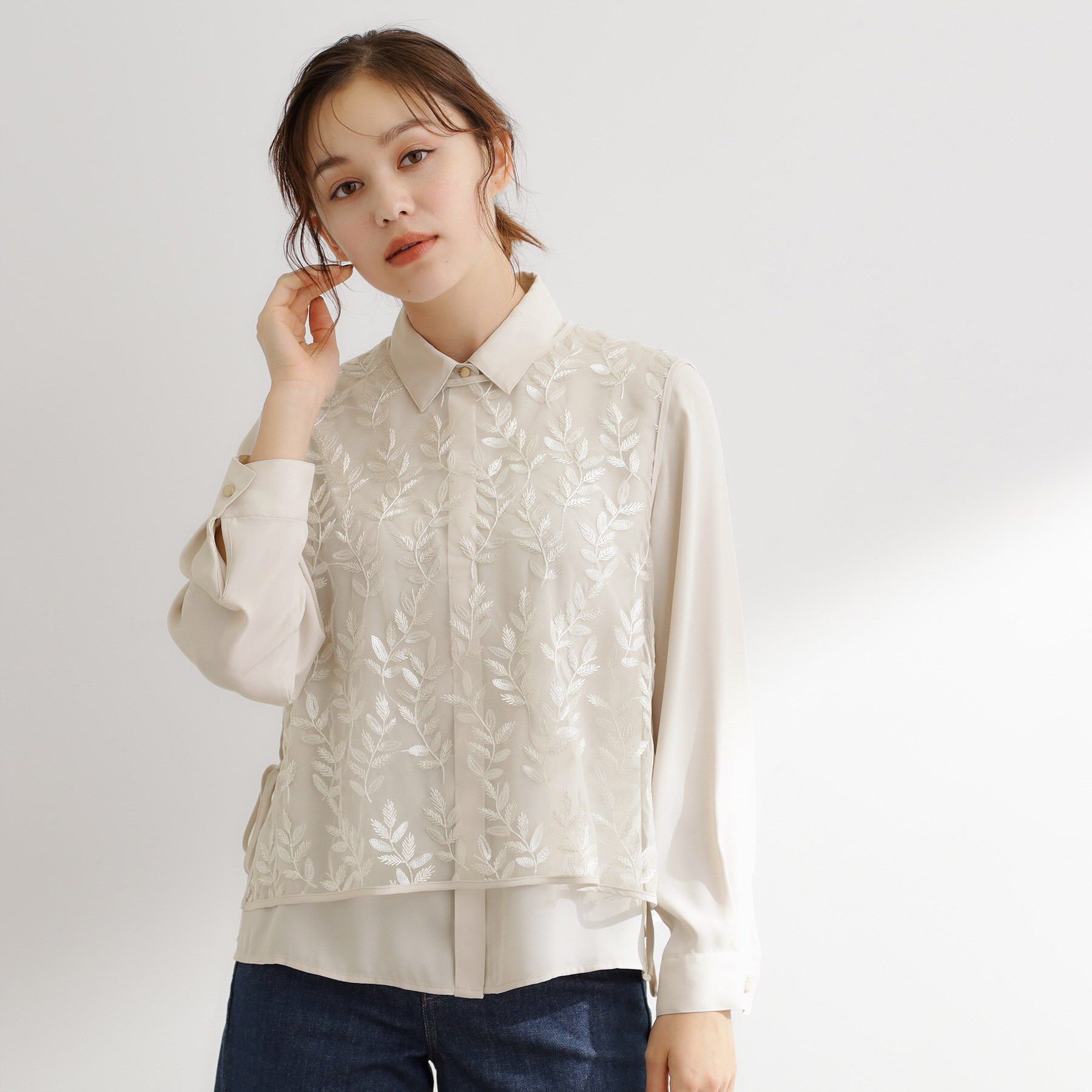 grove「リーフ刺繍スパンコールベスト＆ブラウスセット」|シャツ・ブラウス|アイボリー(004)