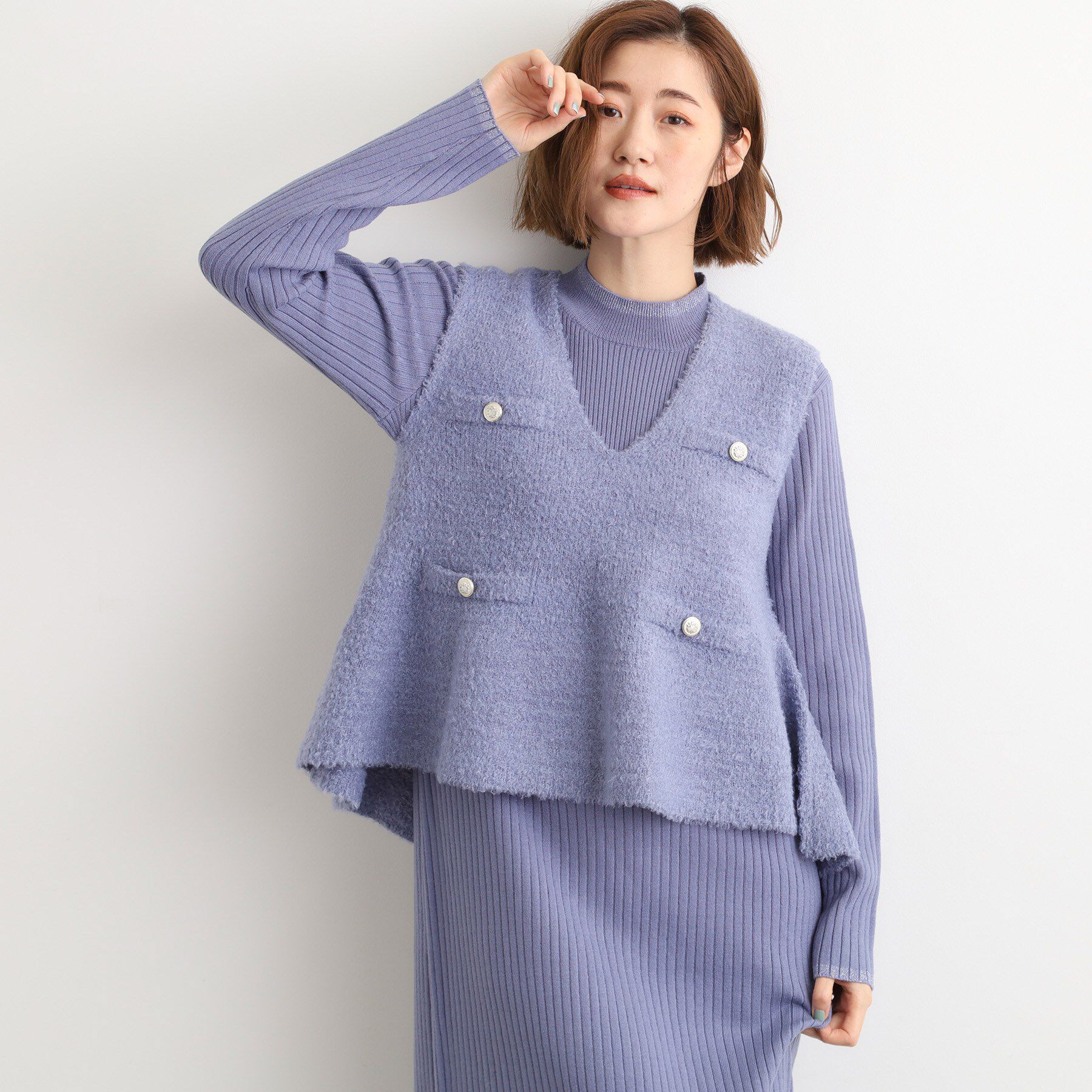 grove「【2点SET/体型カバー】一枚で決まる、ペプラムベスト&times;ニットワンピース」|ワンピース|