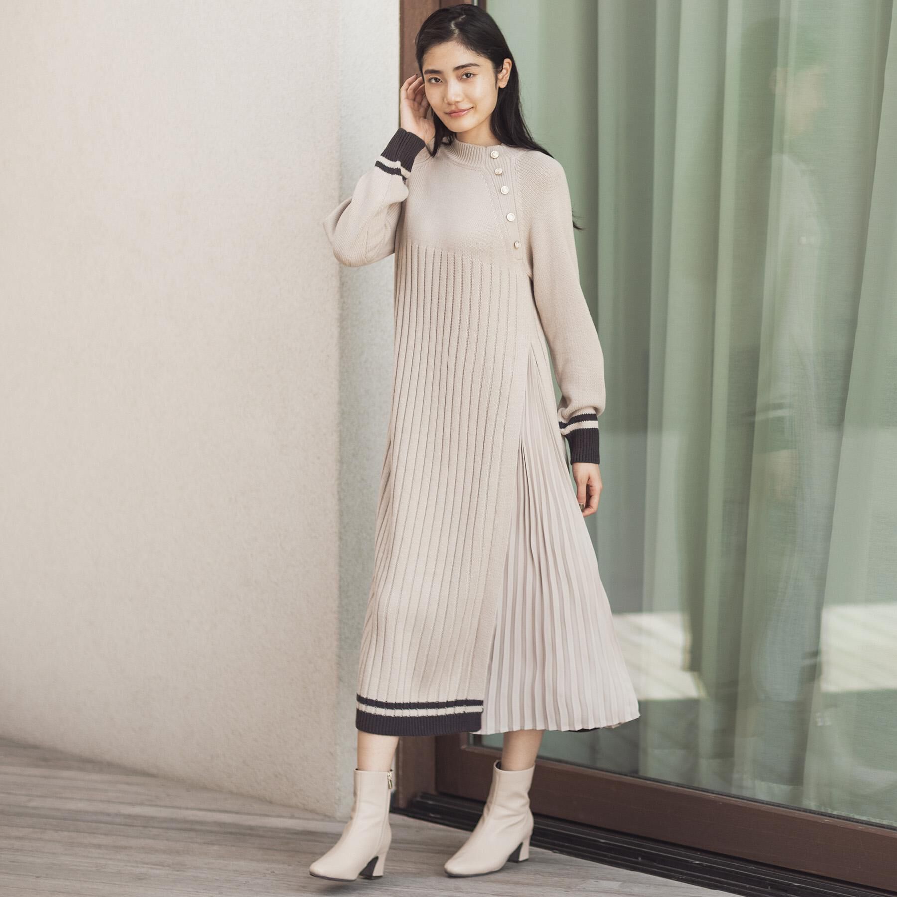 grove「【選べる着丈】配色サイドプリーツニットワンピース」|ワンピース|