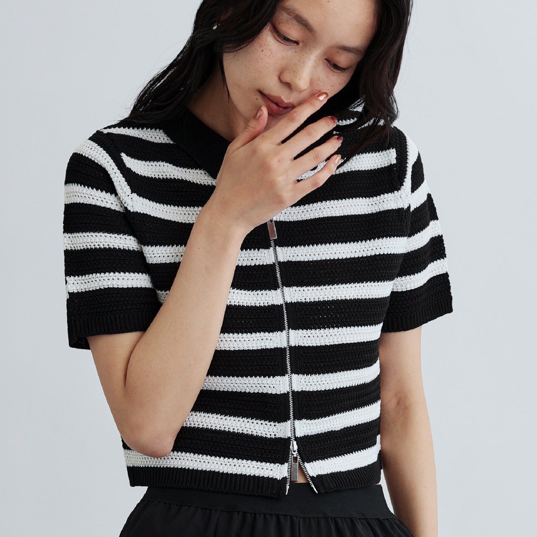 GALLEST「衿付きハーフスリーブボーダーニット」|ニット・セーター|