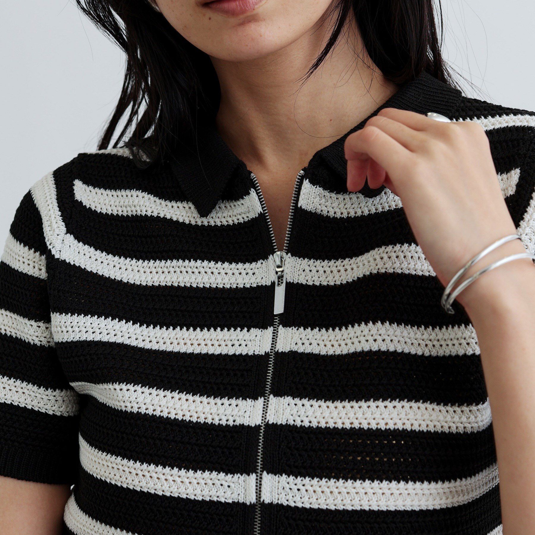 GALLEST「衿付きハーフスリーブボーダーニット」|ニット・セーター|