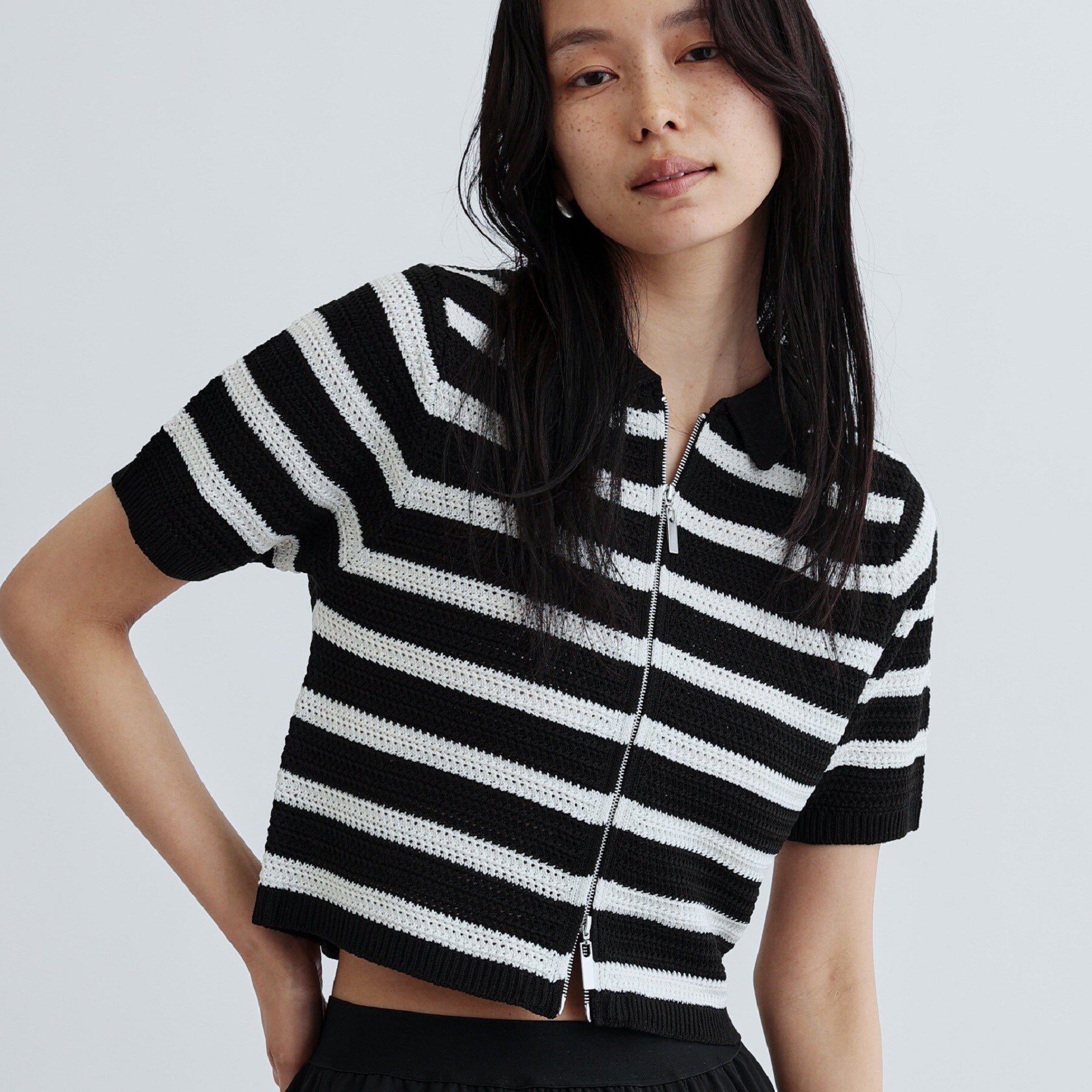 GALLEST「衿付きハーフスリーブボーダーニット」|ニット・セーター|ブラック(319)