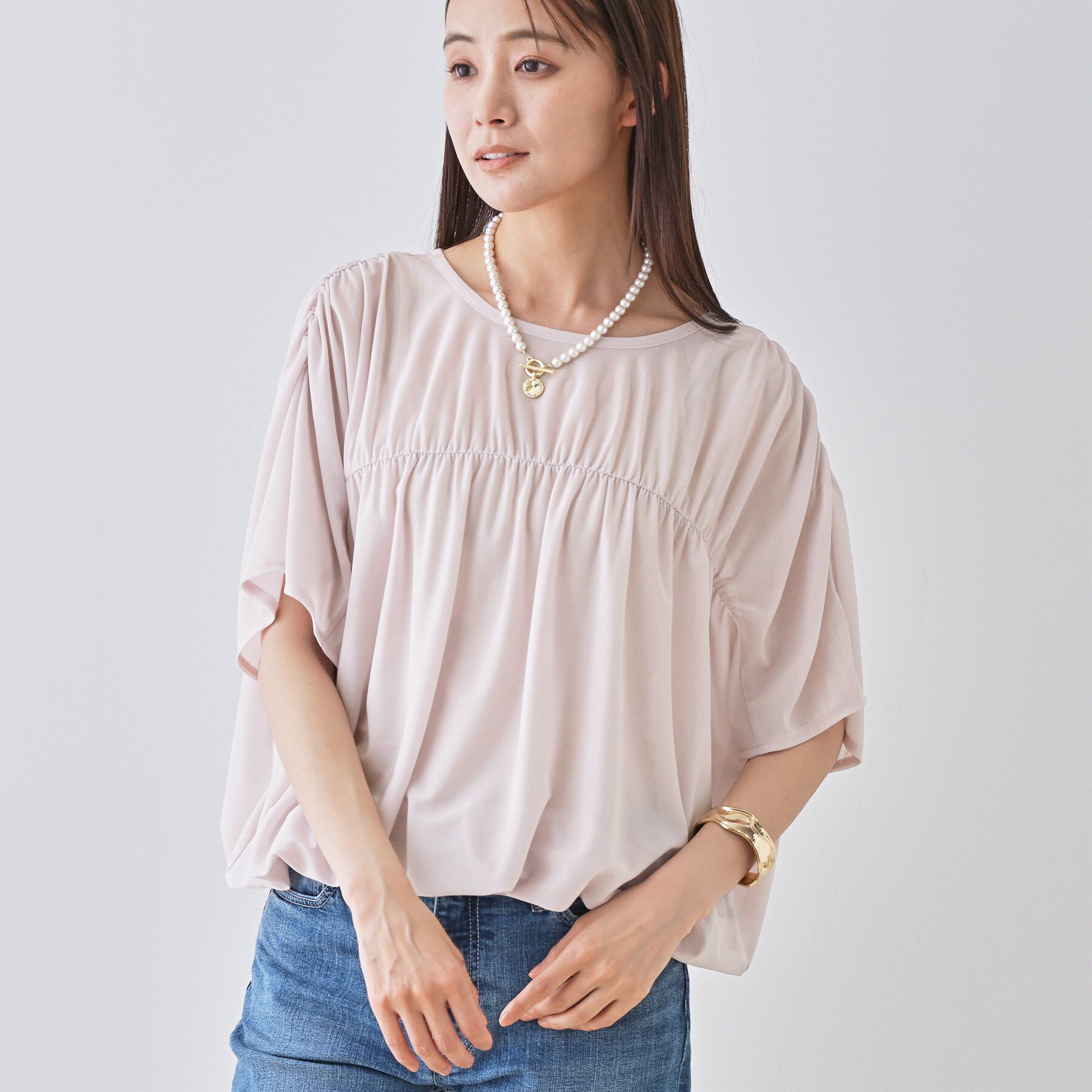 INDIVI「【洗える／体型カバー】シャーリングシアートップス」|Tシャツ・カットソー|