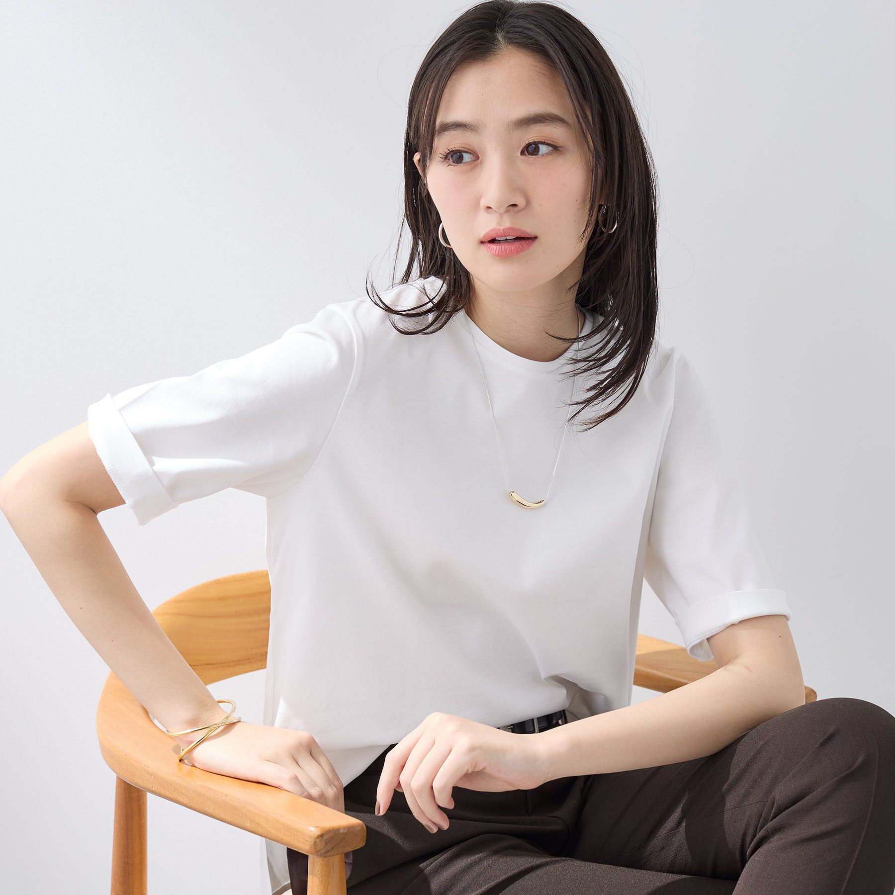 INDIVI「【抗菌防臭／消臭】上品光沢コットンTシャツ」|Tシャツ・カットソー|ホワイト(001)