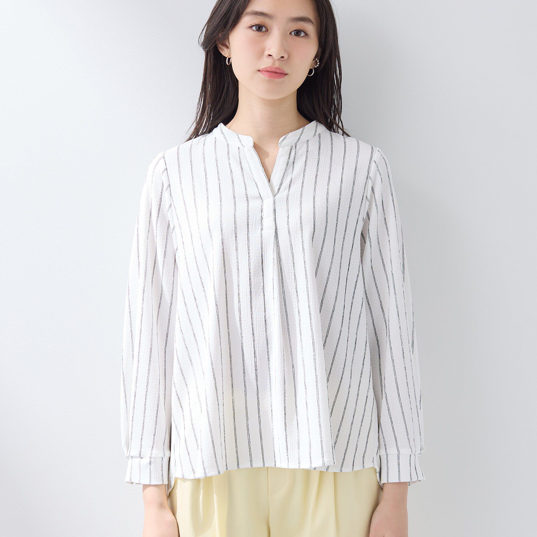 INDIVI「【洗える／着心地楽ちん】ブラウス風ストライプカットソートップス」|Tシャツ・カットソー|