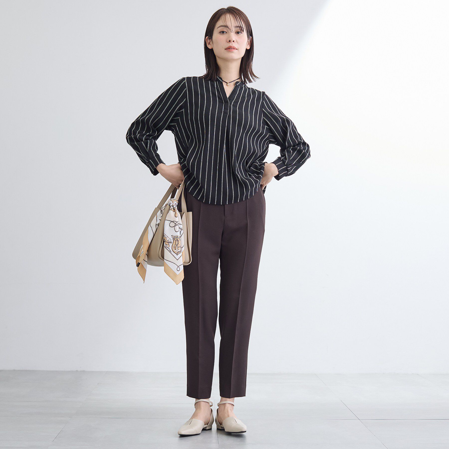 INDIVI「【洗える／着心地楽ちん】ブラウス風ストライプカットソートップス」|Tシャツ・カットソー|