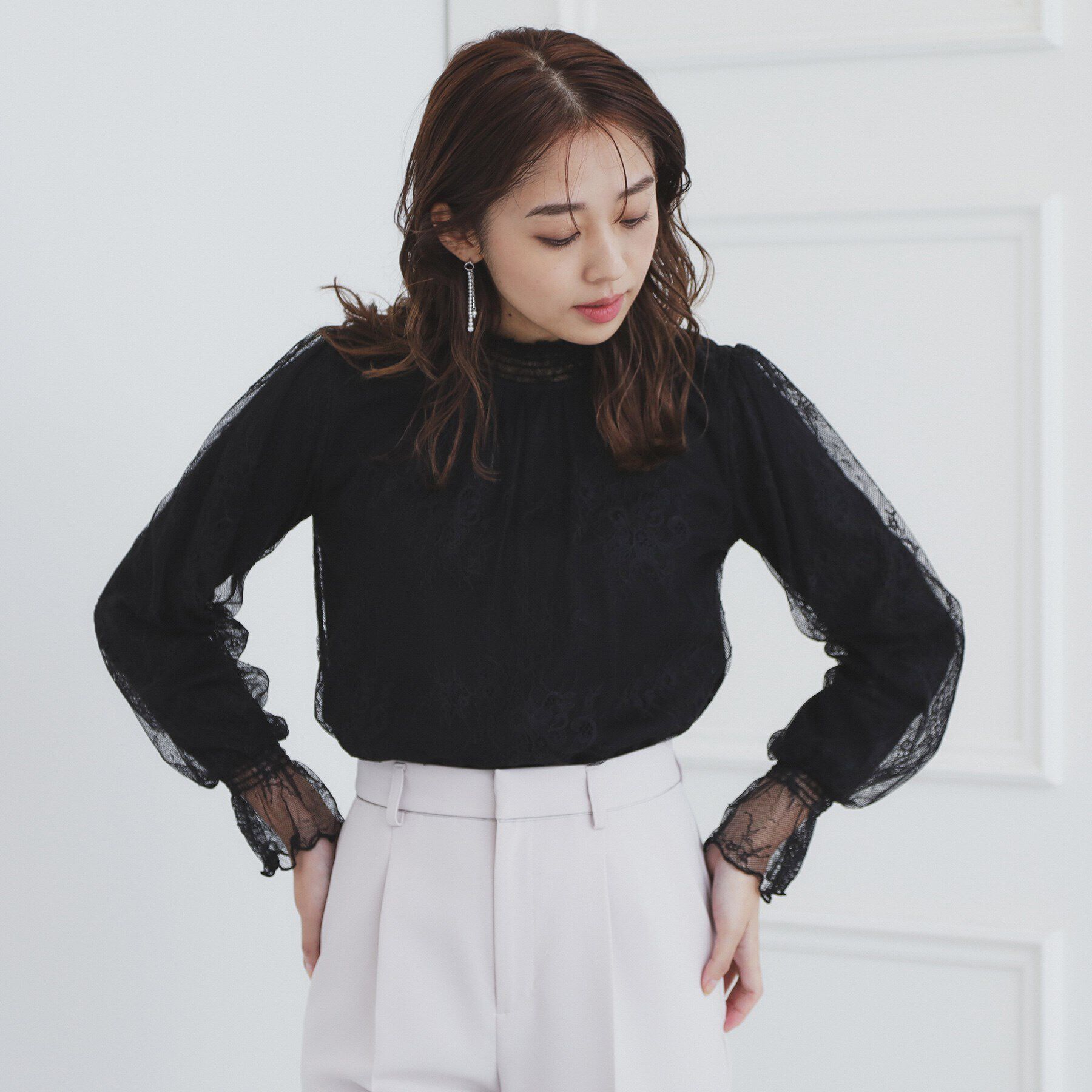 index「シャーリング総レーストップス【洗濯機洗い可】」|Tシャツ・カットソー|ブラック(819)