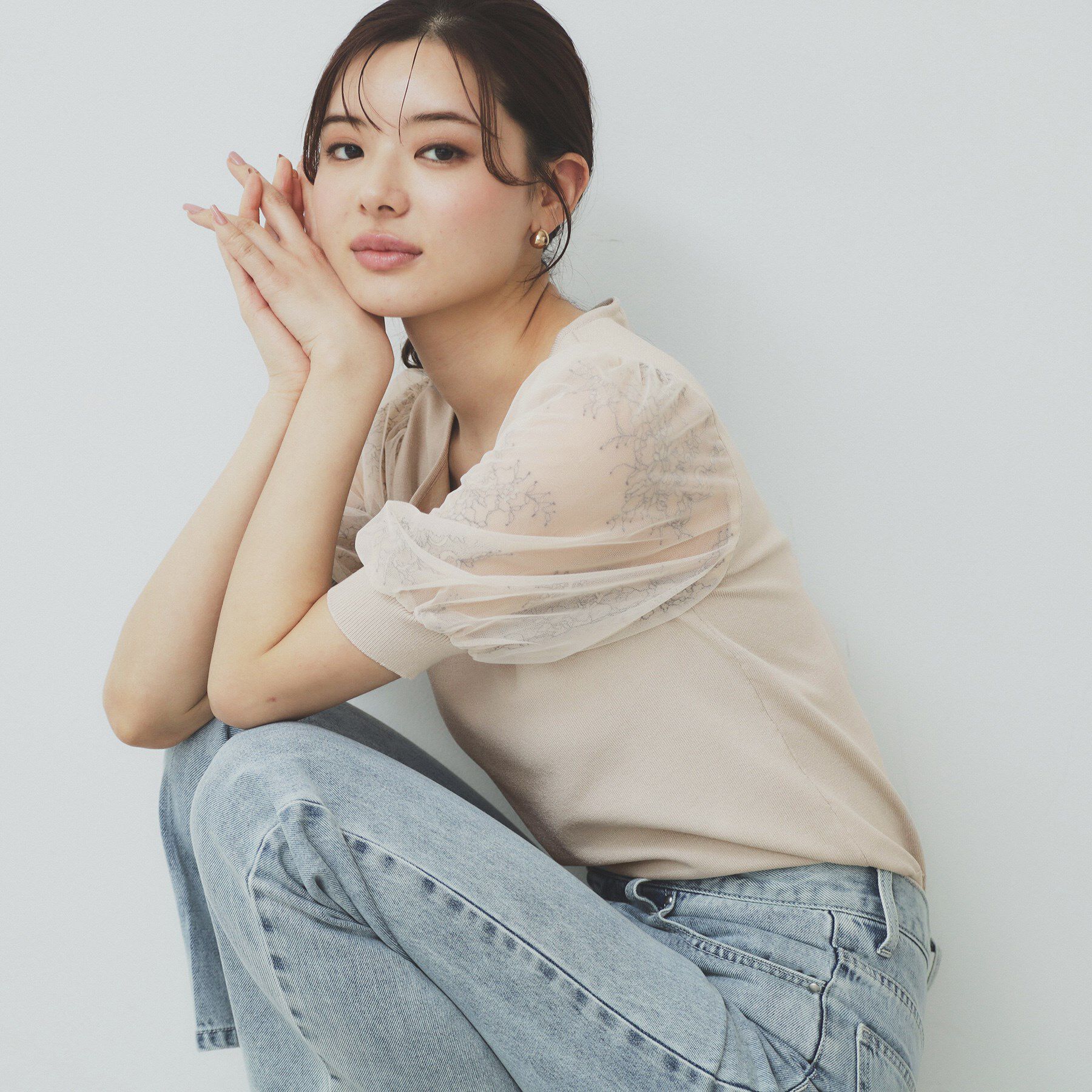 index「チュールレーススリーブニット【洗濯機洗い可】」|ニット・セーター|グレージュ(050)