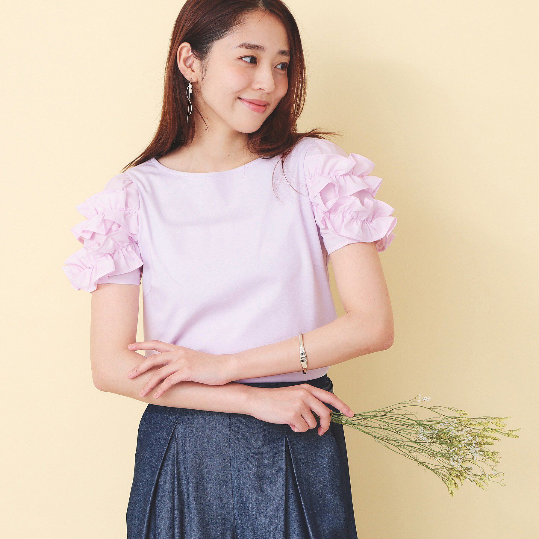 index「フリルドッキングスリーブTシャツ【洗濯機OK／UVケア】」|Tシャツ・カットソー|
