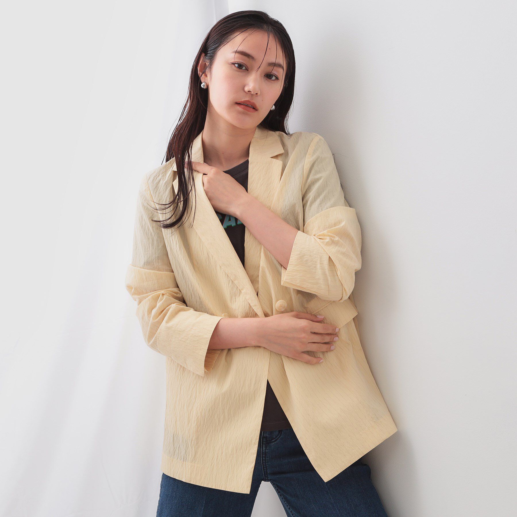 OPAQUE.CLIP「シアーストライプテーラードジャケット【洗濯機洗い可】」|テーラードジャケット|ライトベージュ(35