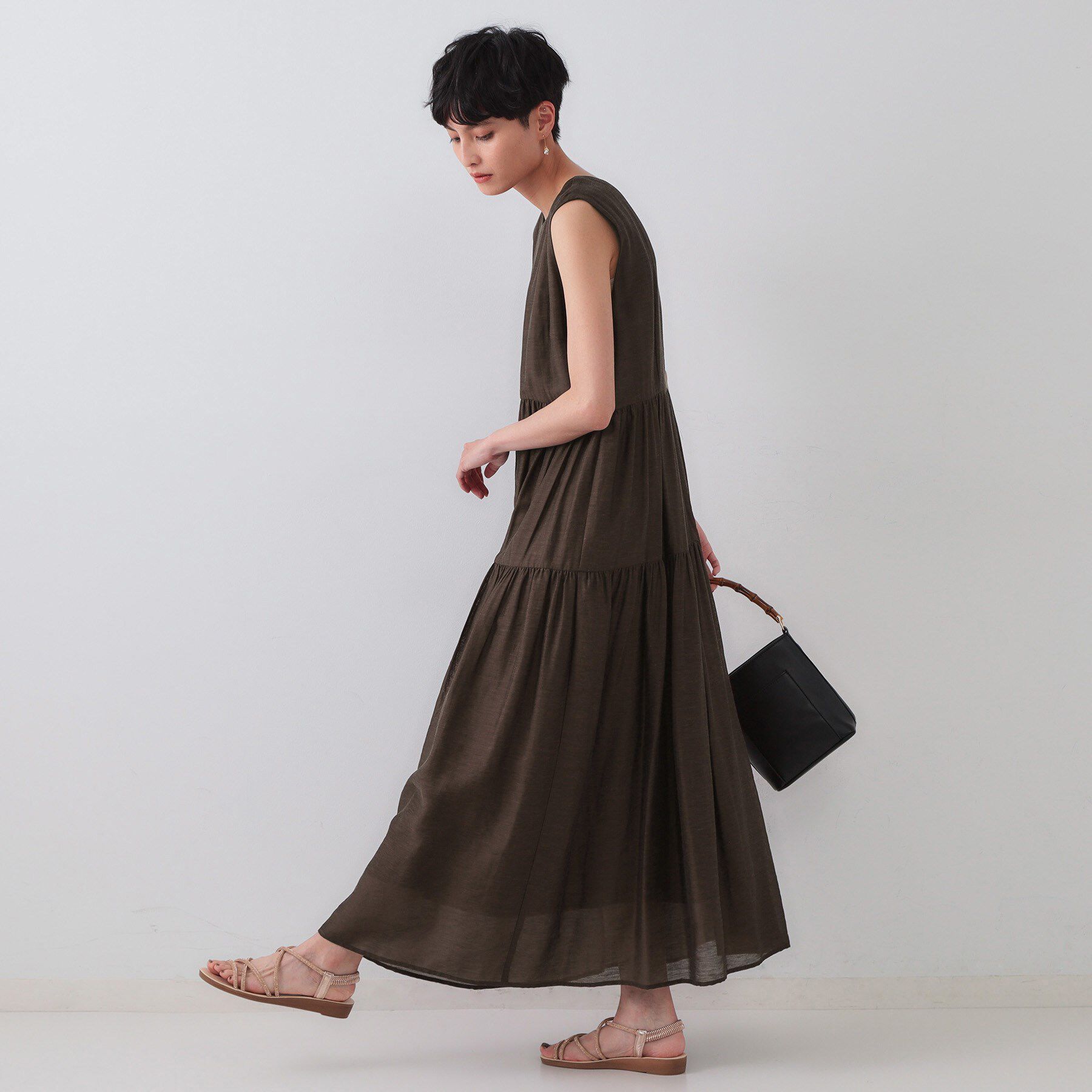 OPAQUE.CLIP「麻混シアーギャザーティアードワンピース【洗濯機洗い可】」|ワンピース|