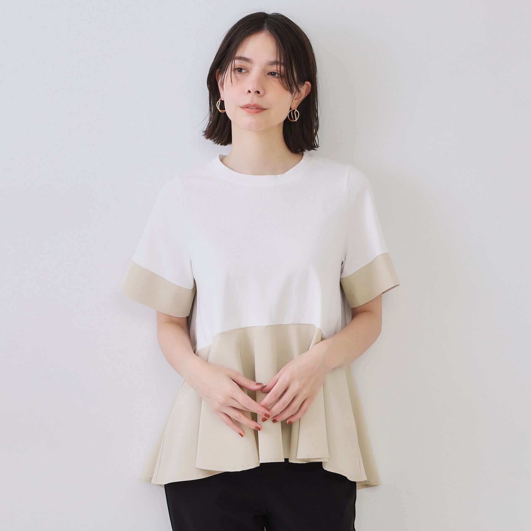 OPAQUE.CLIP「配色フハクドッキングペプラムトップス【洗濯機洗い可/抗ピル】」|Tシャツ・カットソー|