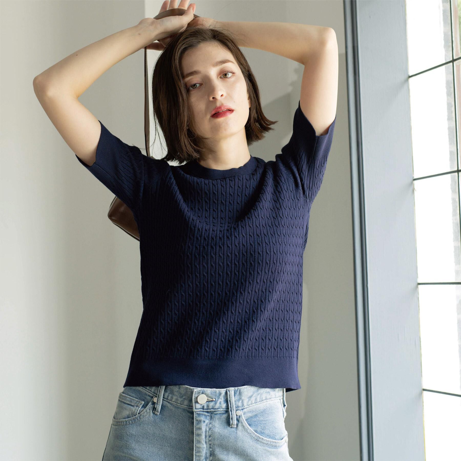 OPAQUE.CLIP「ケーブルハーフスリーブニット【UVケア/洗濯機OK】《6col/S～LL》」|ニット・セーター|