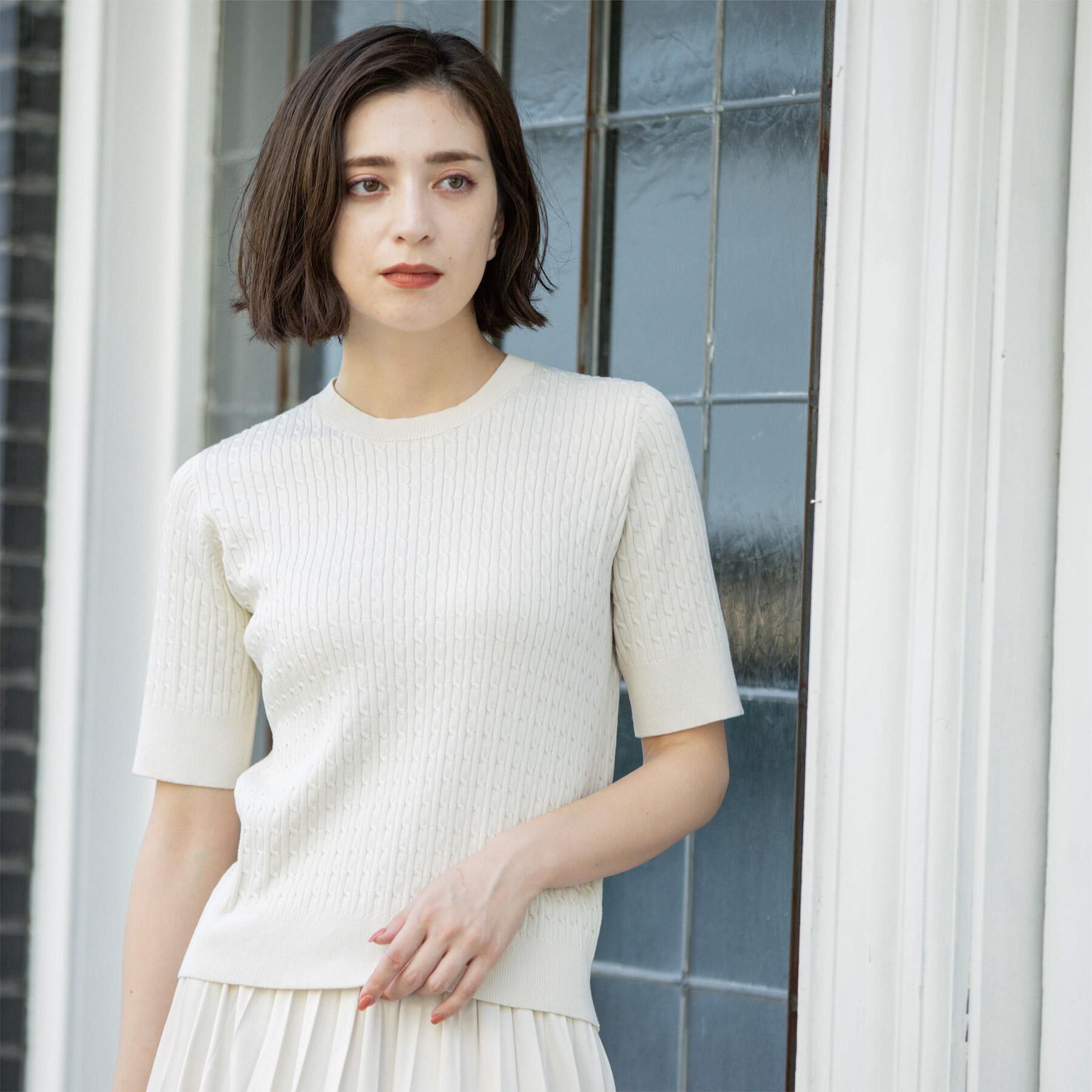 OPAQUE.CLIP「ケーブルハーフスリーブニット【UVケア/洗濯機OK】《6col/S～LL》」|ニット・セーター|