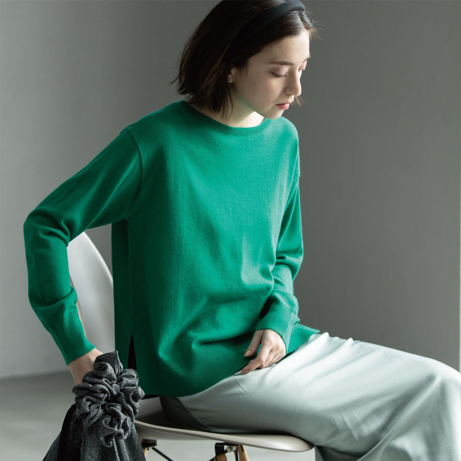 OPAQUE.CLIP「ボートネックニット/エクストラファインメリノウール【THEシリーズ/洗濯機OK】」|ニット・セーター|グリーン(022)