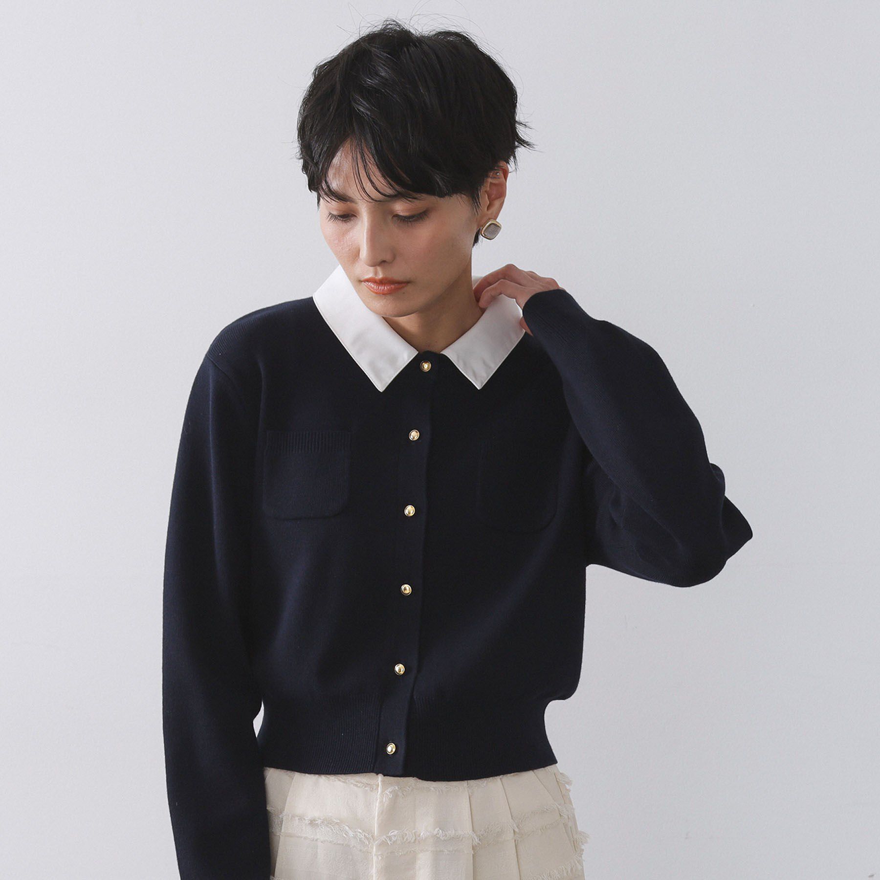 OPAQUE.CLIP「《andGIRL掲載》金ボタンニットカーディガン/衿取り外し可【洗濯機OK】」|カーディガン|ネイビー(094)