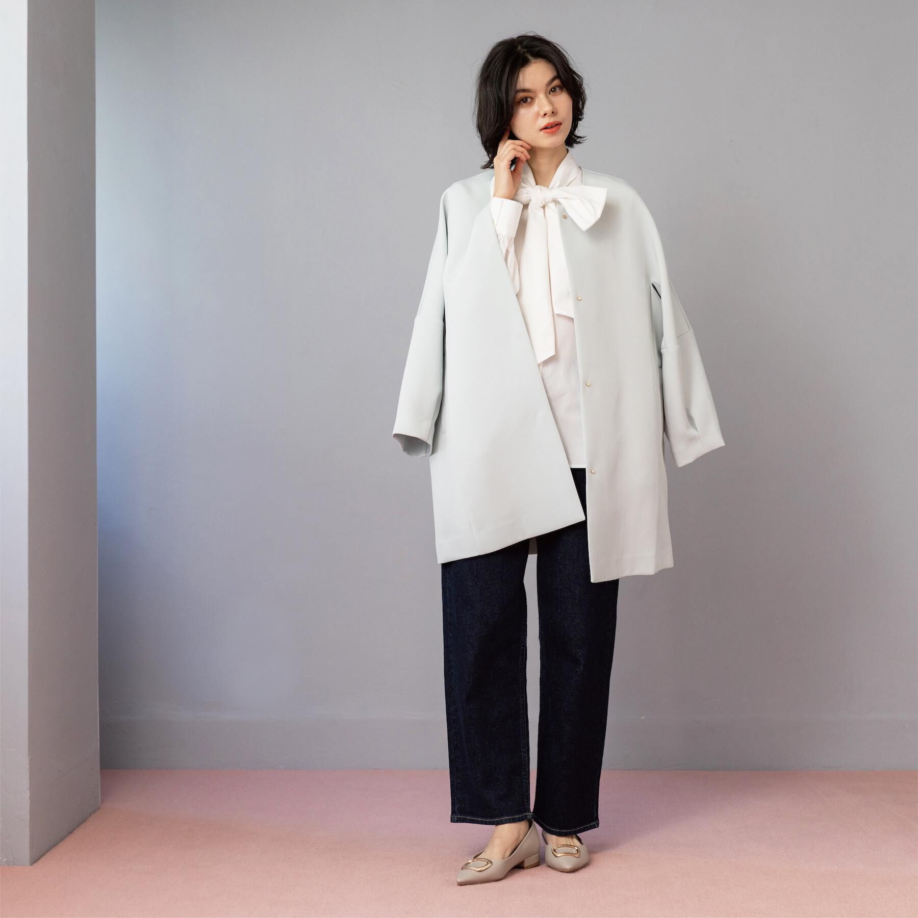 OPAQUE.CLIP「フォルムスリーブミドルコート【洗濯機OK】」|ノーカラーコート|