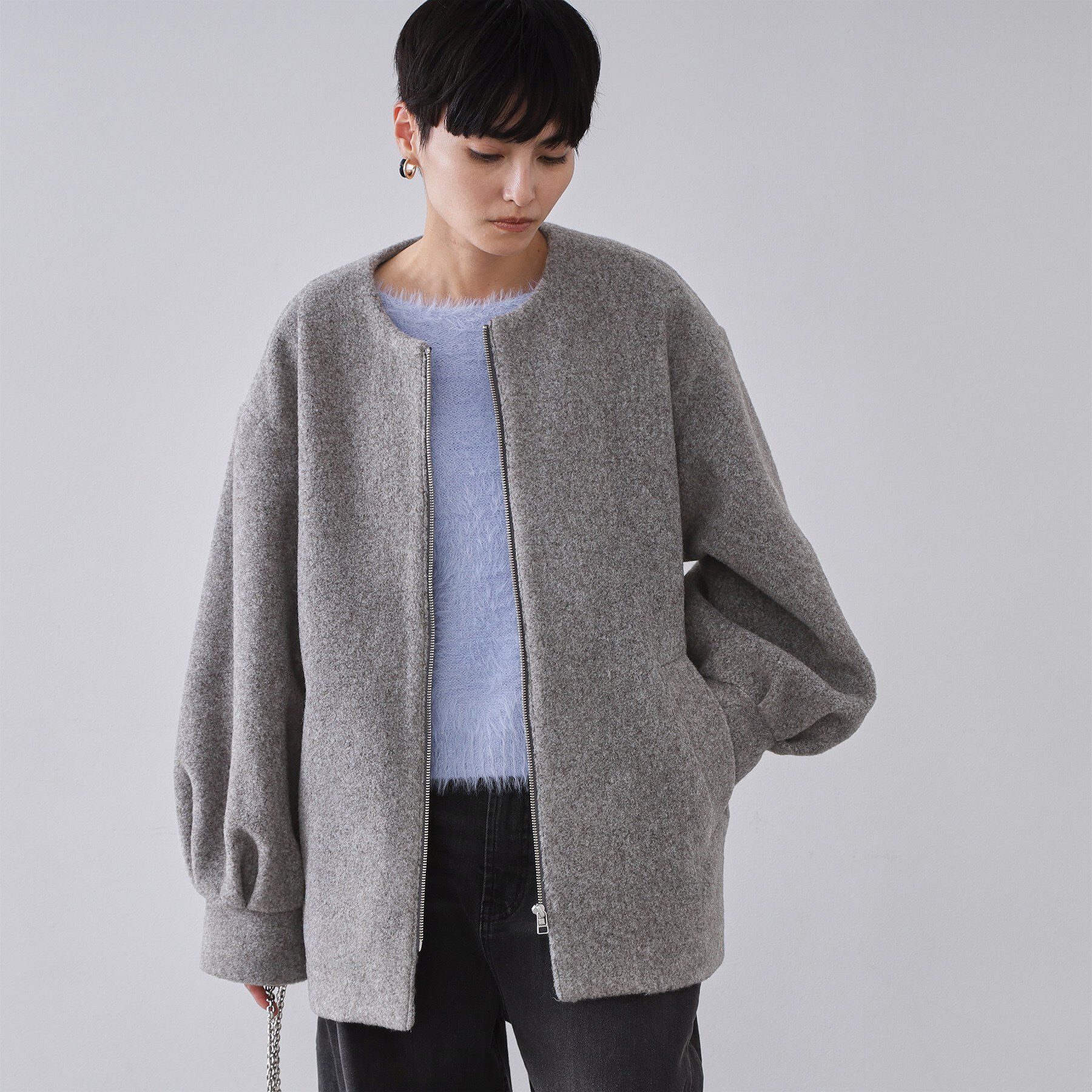 OPAQUE.CLIP「もこもこノーカラージップミドルコート【洗える】」|ノーカラーコート|チャコールグレー(0