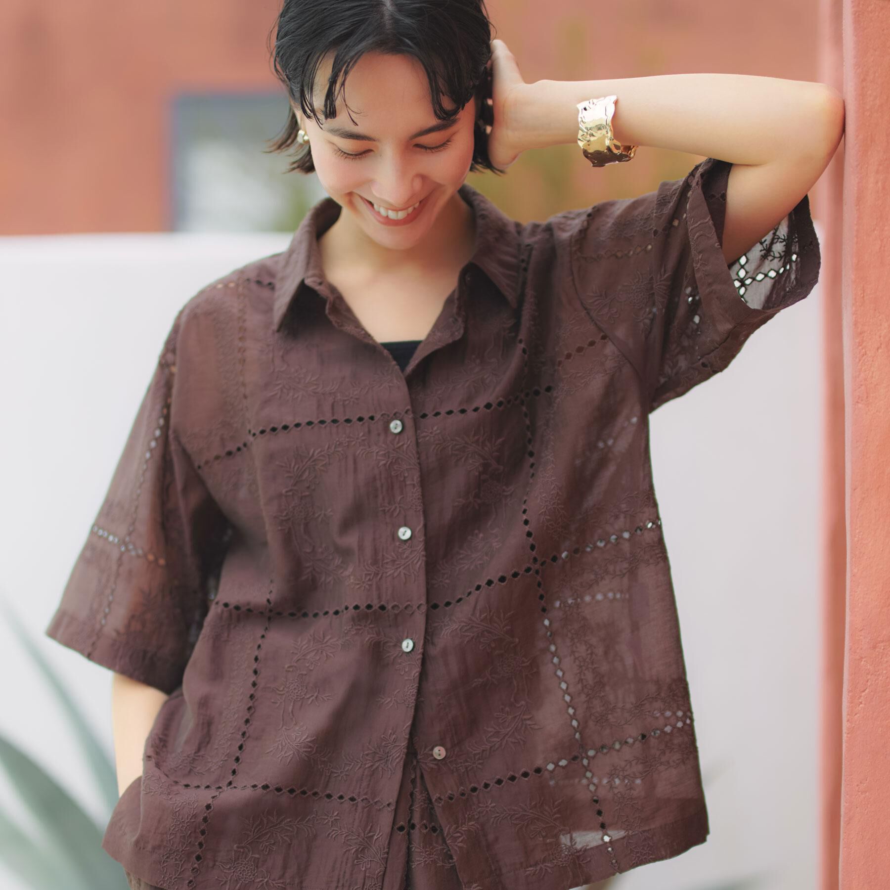 OPAQUE.CLIP「刺繍ハーフスリーブシャツ／セットアップ対応可【洗濯機OK】」|シャツ・ブラウス|