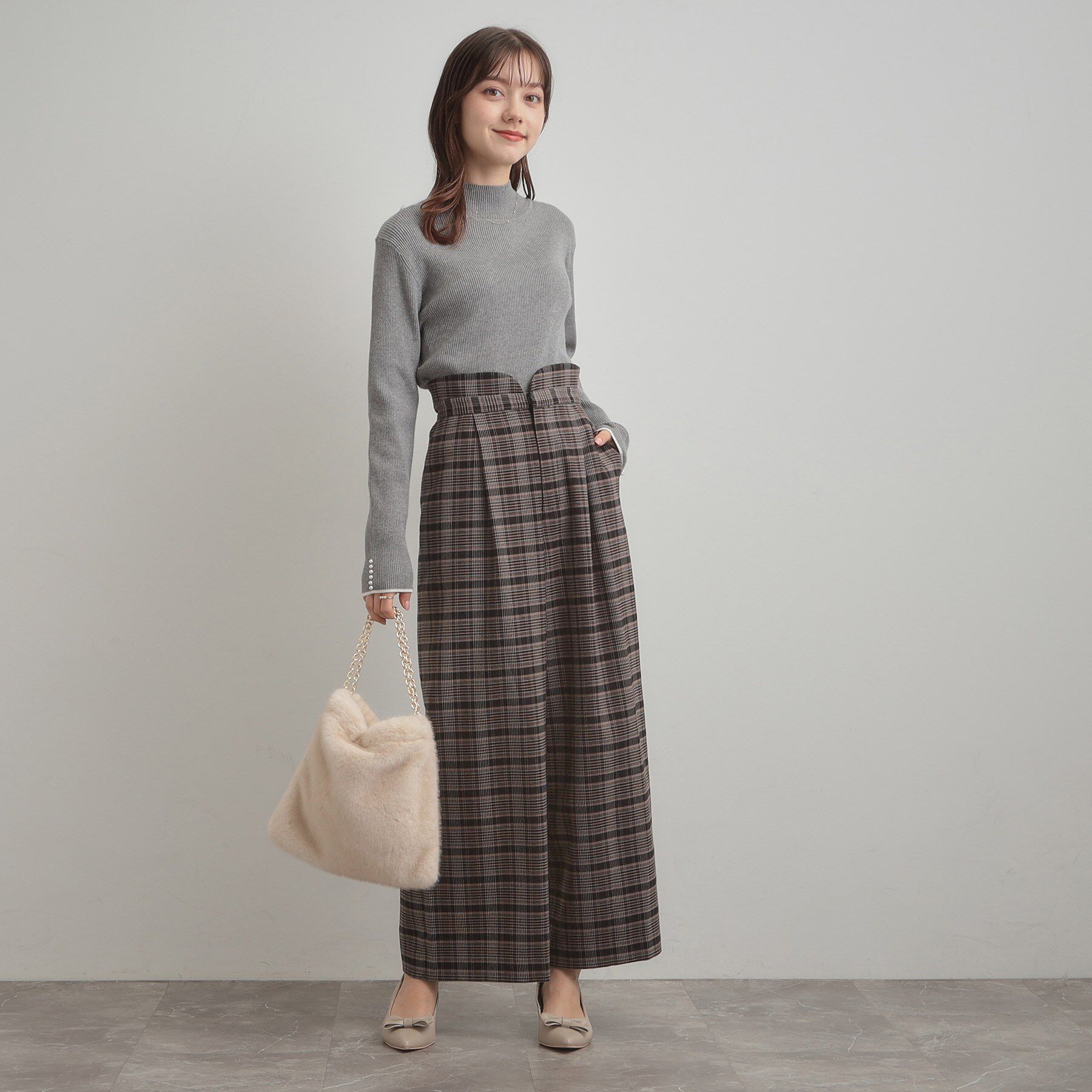 Couture broach「【大人可愛い】起毛先染めチェック柄 スカラウエスト ワイドパンツ」|その他|