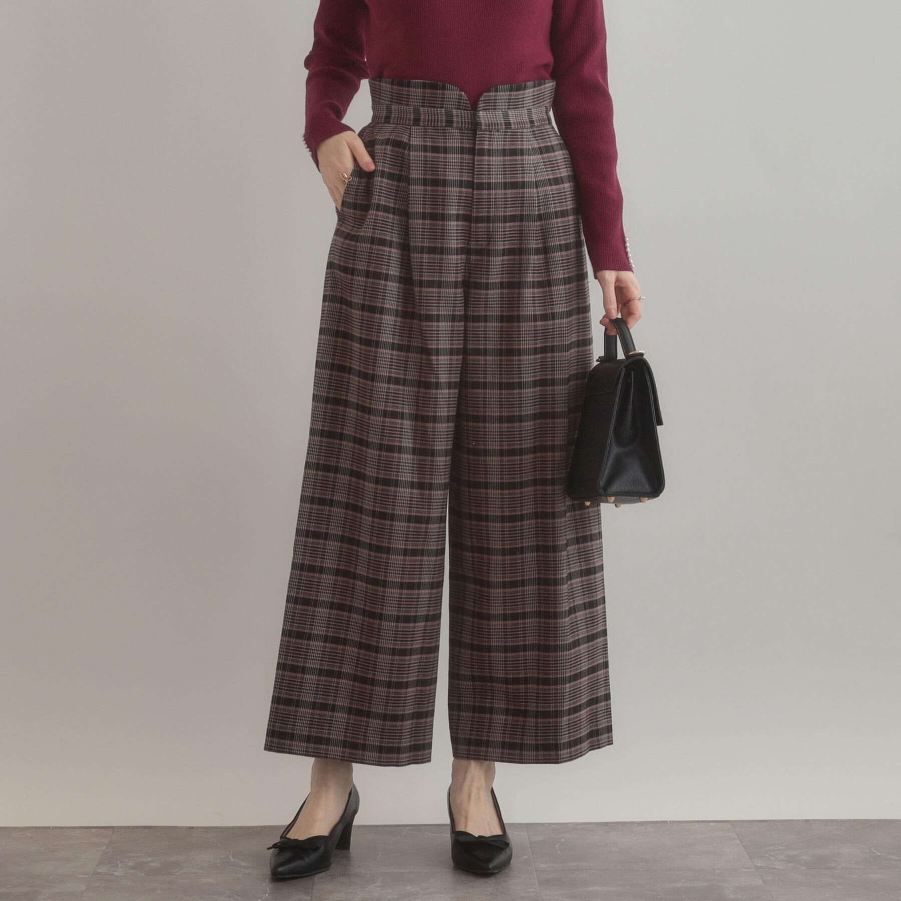 Couture broach「【大人可愛い】起毛先染めチェック柄 スカラウエスト ワイドパンツ」|その他|