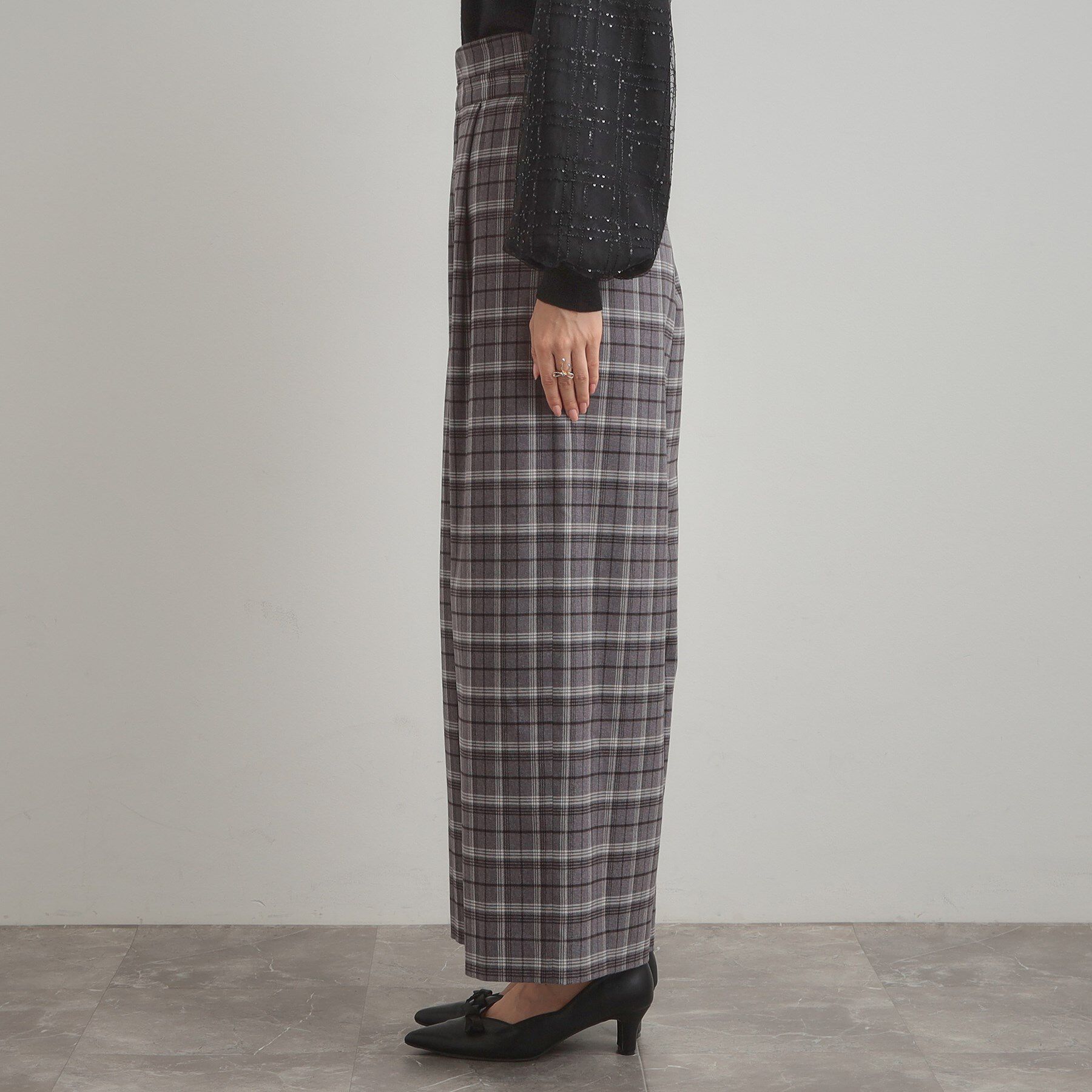 Couture broach「【大人可愛い】起毛先染めチェック柄 スカラウエスト ワイドパンツ」|その他|
