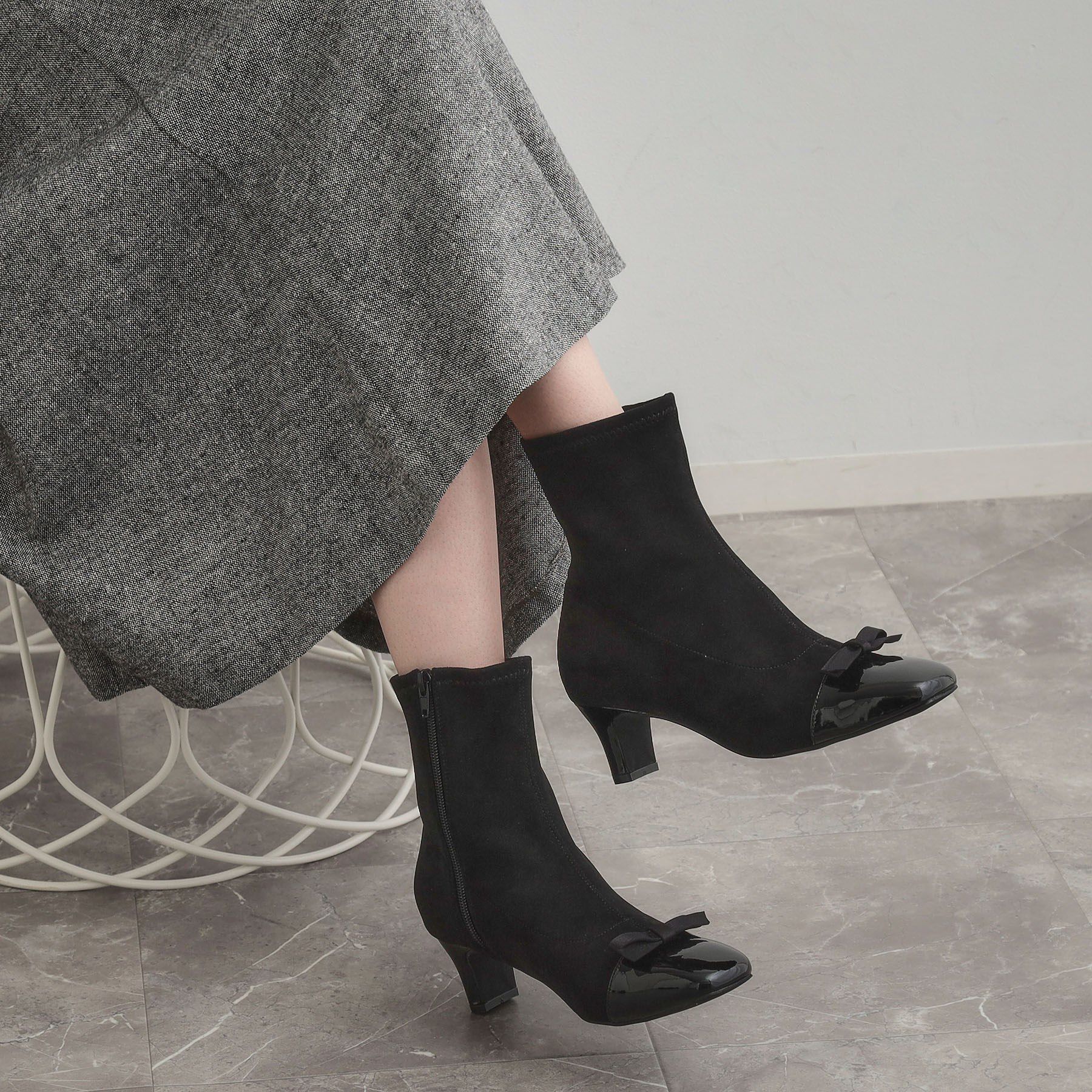 Couture broach「ドッキングデザインリボンストレッチブーツ」|ショートブーツ|