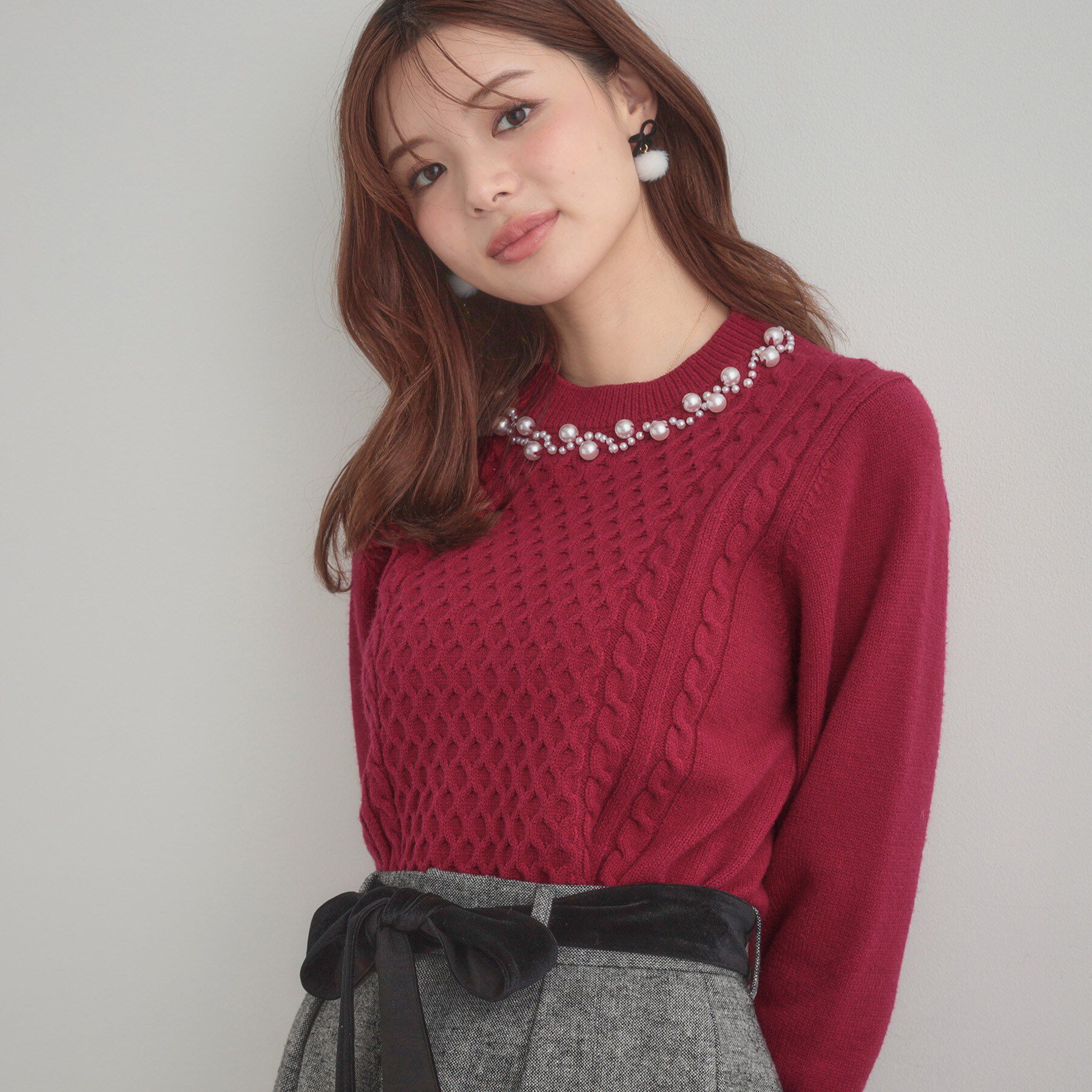 Couture broach「【きれいめ】パール調デザイン アラン柄ニット」|ニット・セーター|