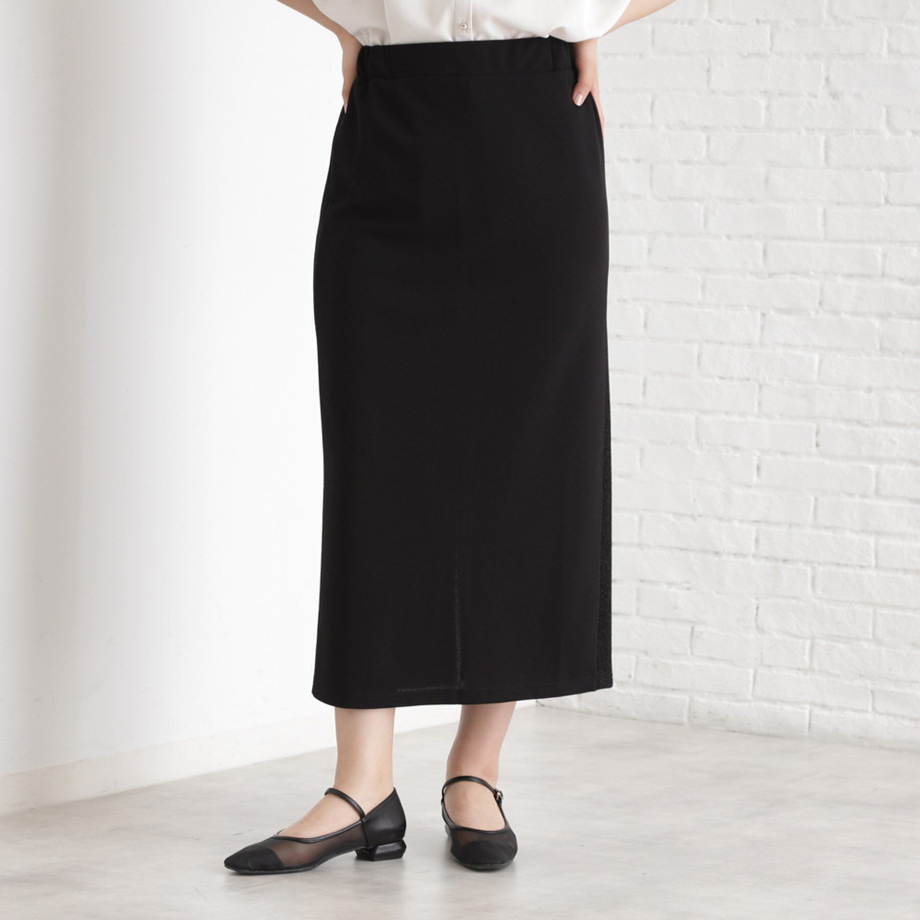 THE SHOP TK「サイドラメラインタイトスカート【洗濯機OK】」|スカート|ブラック(019)