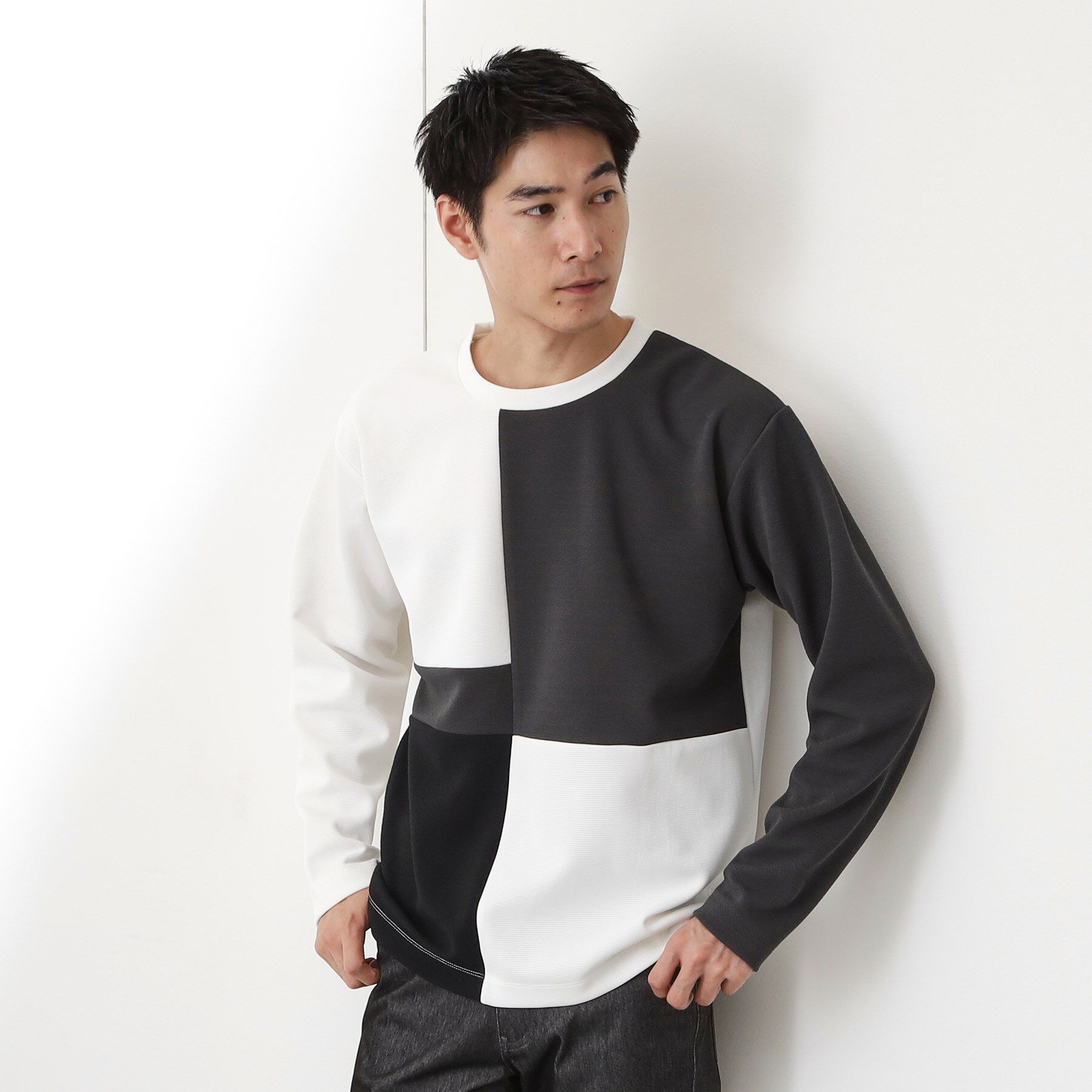 THE SHOP TK「【一枚で着映える】パターンブロッキング長袖Tシャツ 洗濯機OK」|Tシャツ・カットソー|オフホワイト(003