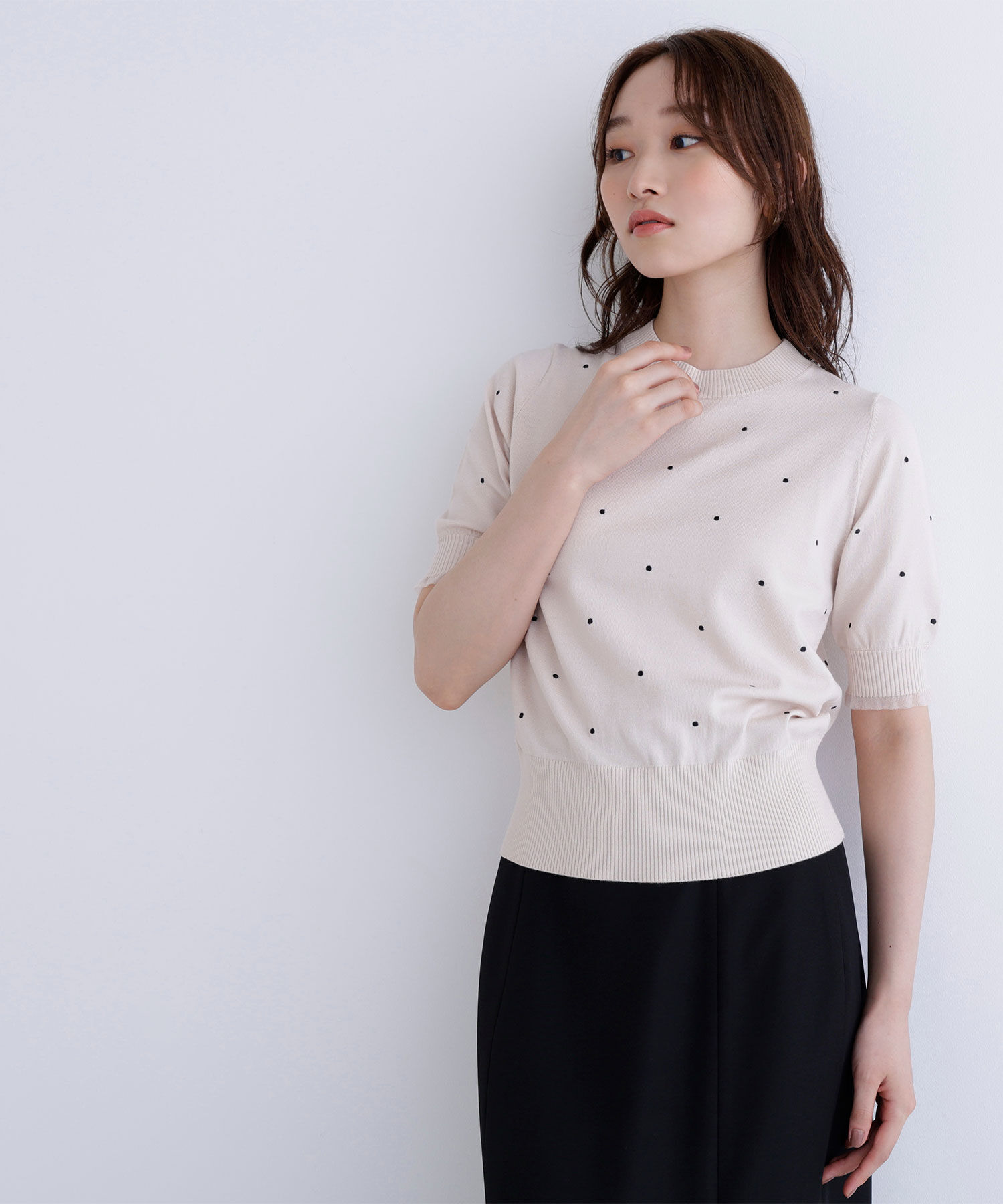  「ドット刺繍ハーフスリーブニット」|ニット・セーター|