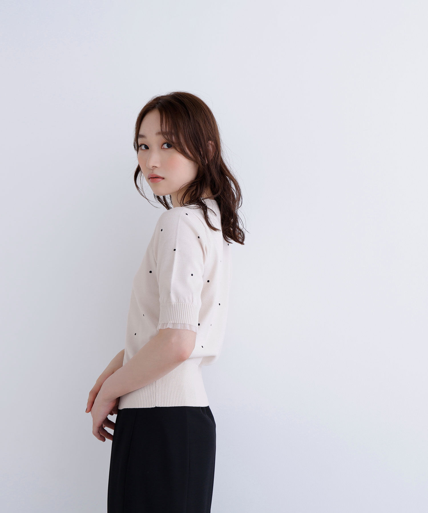  「ドット刺繍ハーフスリーブニット」|ニット・セーター|