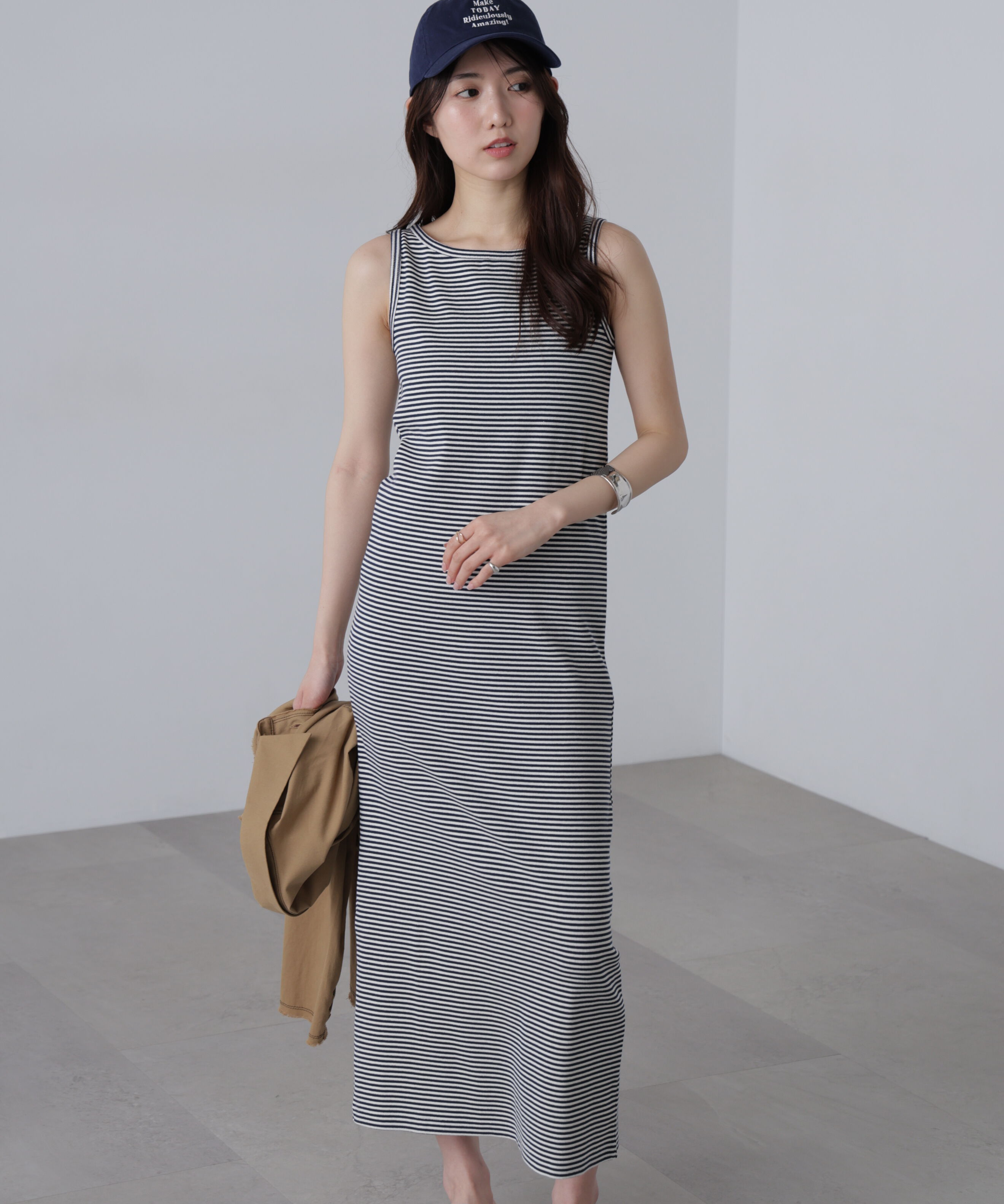  「ボートネックリブタンクトップワンピース」|ワンピース|ネイビー&times;ホ  1