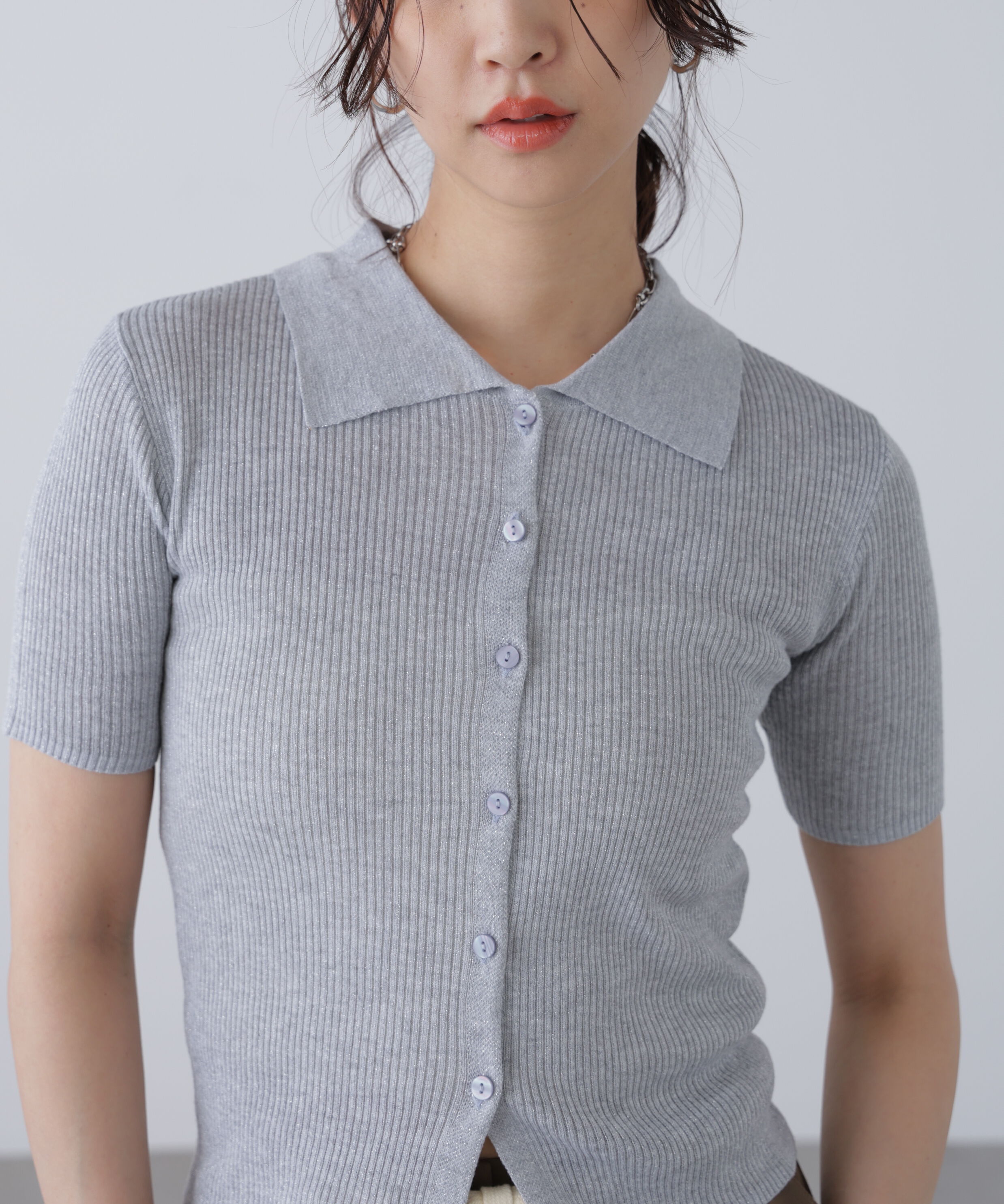  「衿付きラメニットカーディガン」|ニット・セーター|