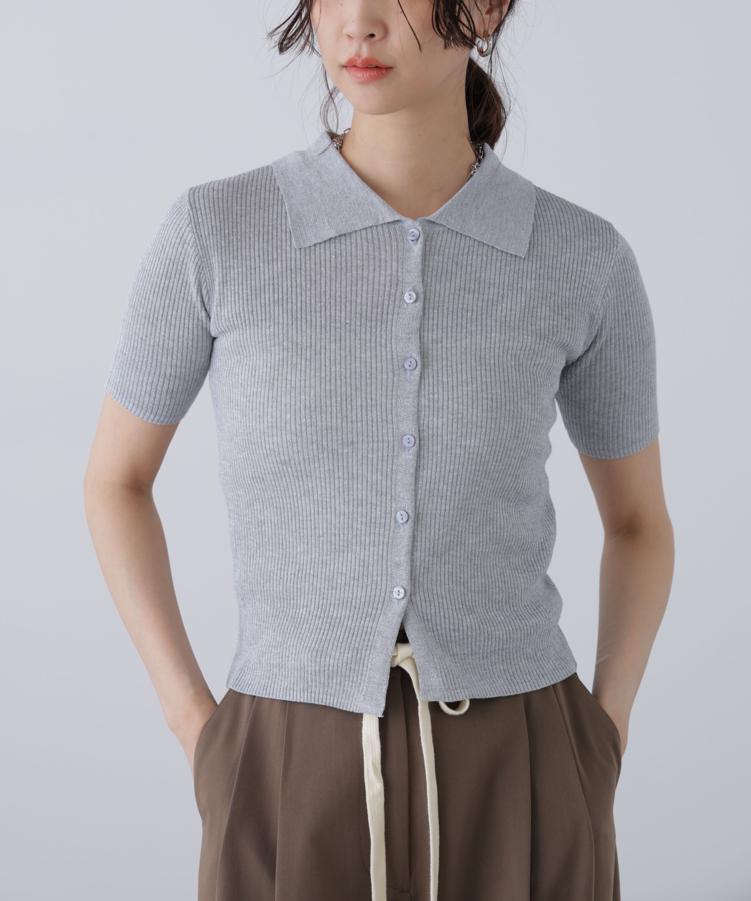  「衿付きラメニットカーディガン」|ニット・セーター|