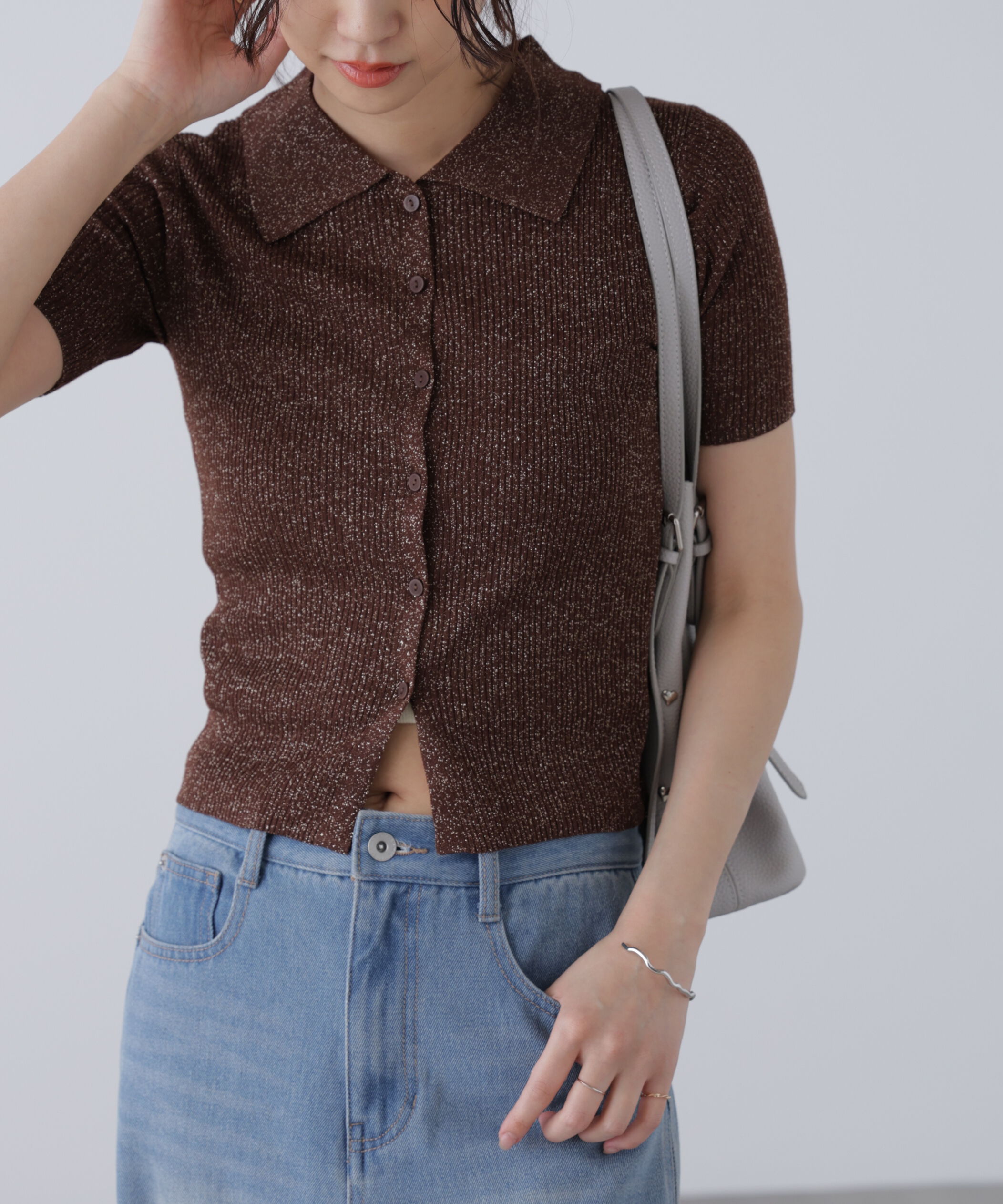  「衿付きラメニットカーディガン」|ニット・セーター|