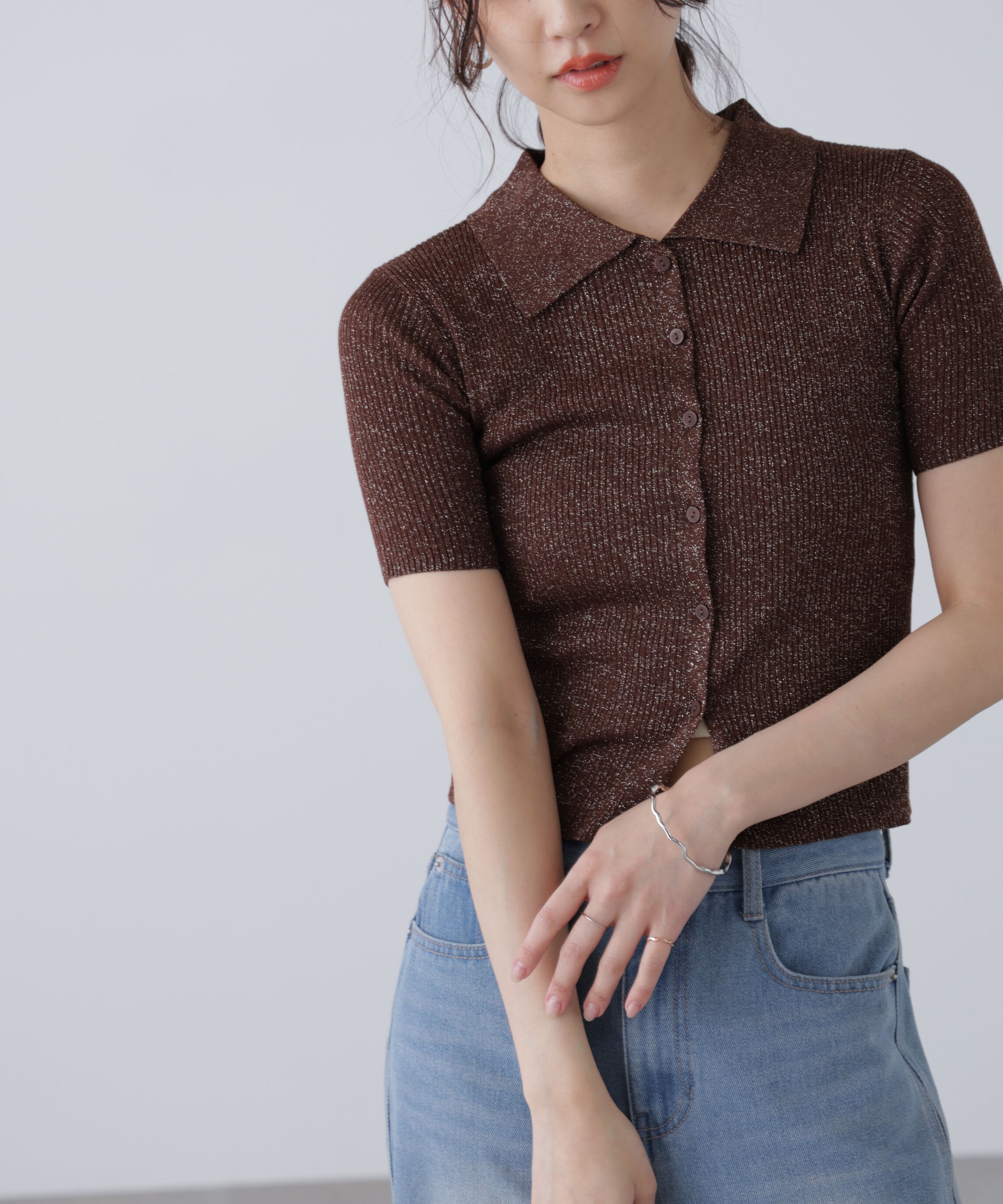  「衿付きラメニットカーディガン」|ニット・セーター|