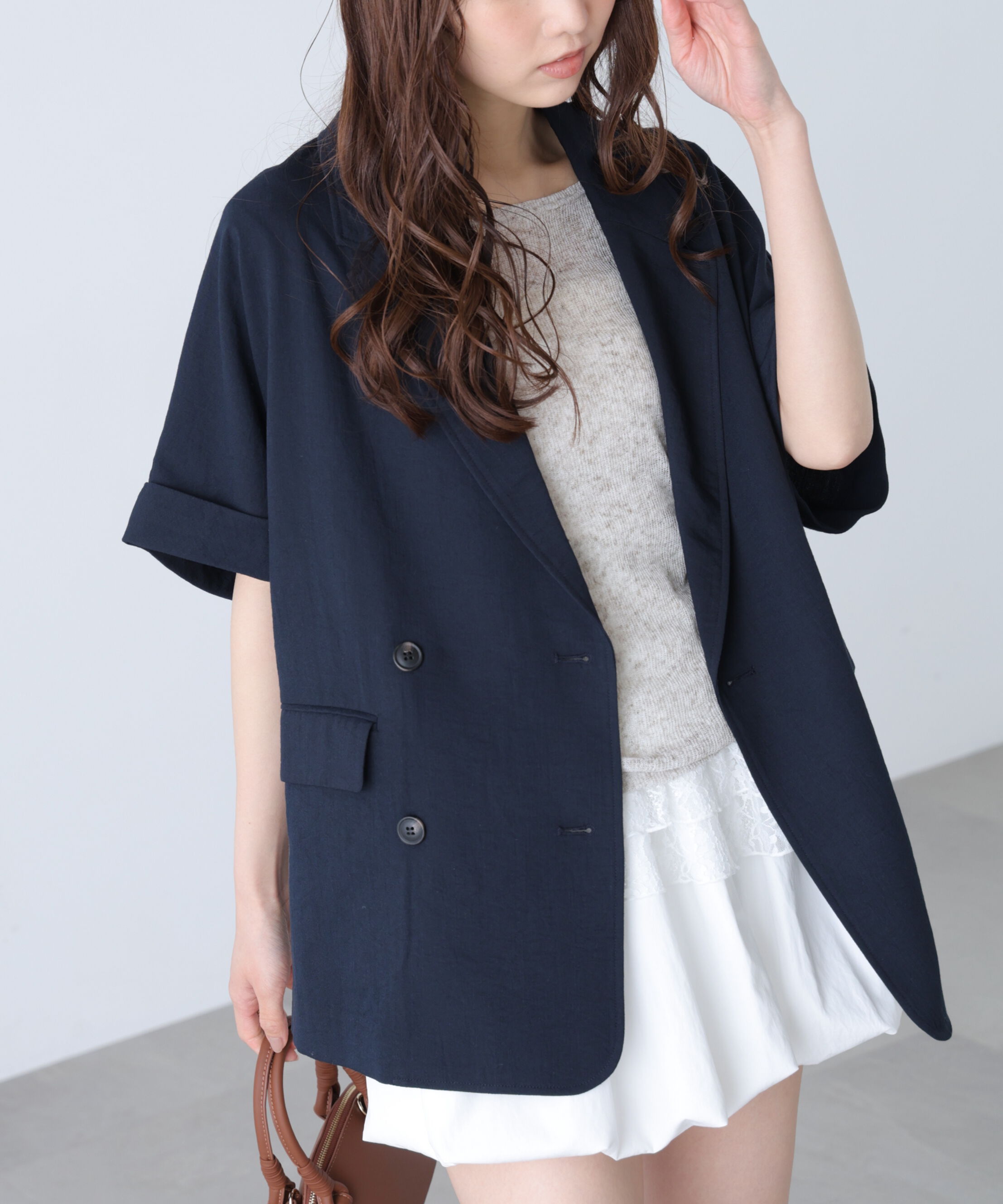  「麻調合繊ハーフスリーブジャケット」|その他|ネイビー
