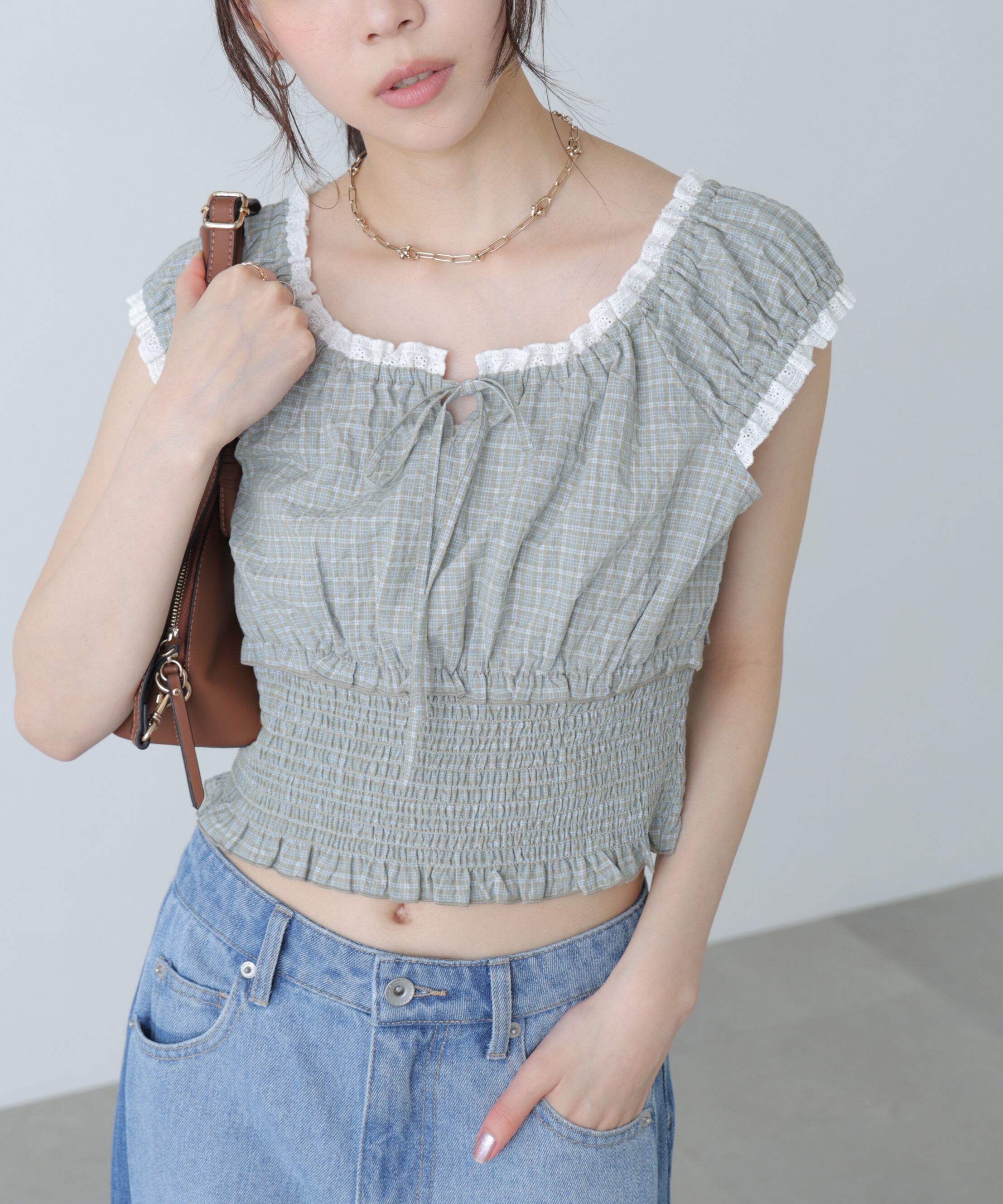  「2wayオフショルチェックブラウス」|シャツ・ブラウス|ベージュチェ 1