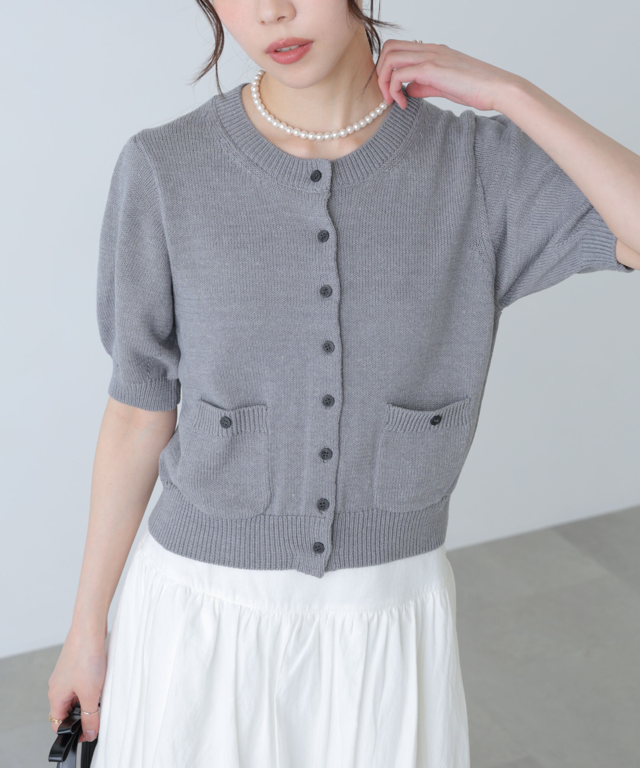  「フロントポケット半袖カーディガン」|ニット・セーター|